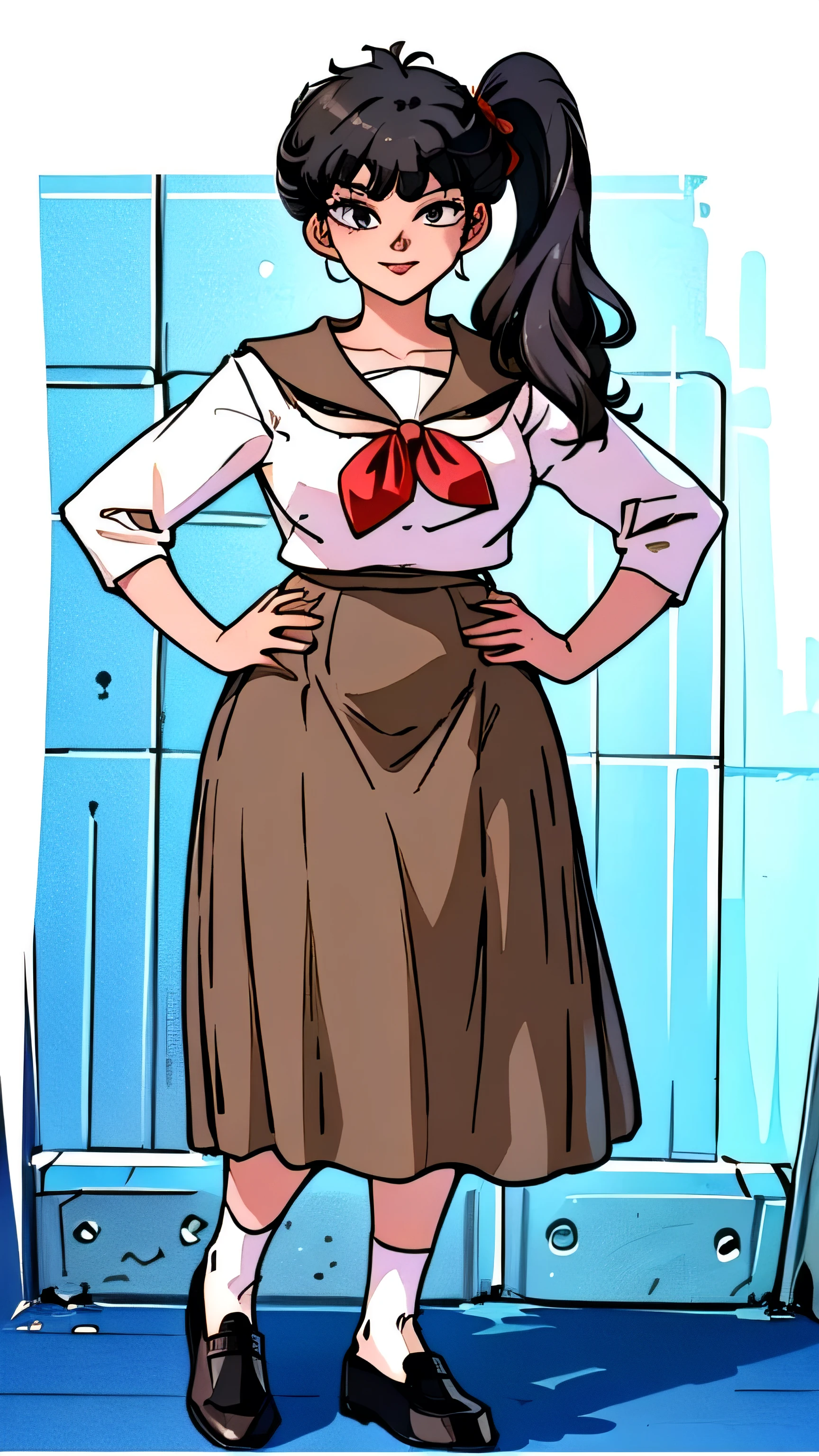 place your hands on your hips, masterpiece, Best Quality, case, High resolution、Gray wall、8k、1990s、1 person, alone, kodachi kuno (, Black hair side ponytail 、Round jaw、Broad shoulders、Long upper eyelashes、Thin lips、Round jaw、Chubby face、Square face、Firm breasts、Big jaw、Sunburned skin、Narrow waist、Sailor suit、brown long skirt、 White socks、Brown leather shoes、Huge breasts, 、Girl,Bright smile、I can see your belly、Detailed skin, Autora Rumiko Takahashi、