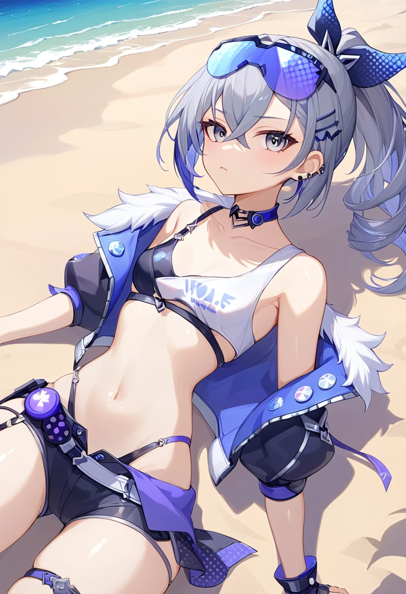 (masterpiece, best quality:1.2),1girl, silverwolf, Honkai Star Rail, silver hair, ponytail, gray eyes, goggle, high quality, detailed shiny skin, detailed beautiful hair, detailed beautiful eyes, detailed clothes, (high resolusion:1.2), 4K, official art, high quality, small breasts, perspective,dynamic angle,Swimwear、Sandy Beach、navel,on back、strap slip