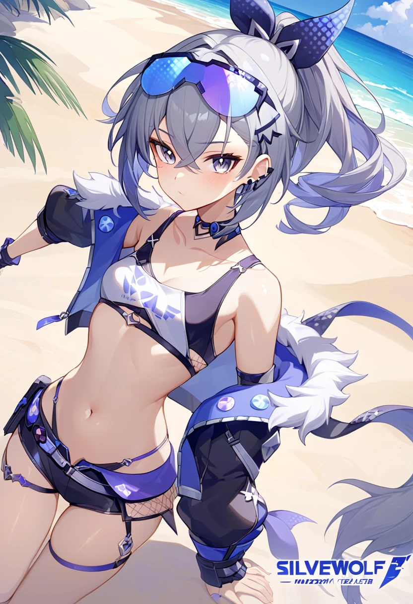 (masterpiece, best quality:1.2),1girl, silverwolf, Honkai Star Rail, silver hair, ponytail, gray eyes, goggle, high quality, detailed shiny skin, detailed beautiful hair, detailed beautiful eyes, detailed clothes, (high resolusion:1.2), 4K, official art, high quality, small breasts, perspective,dynamic angle,Swimwear、Sandy Beach、navel,on back、strap slip