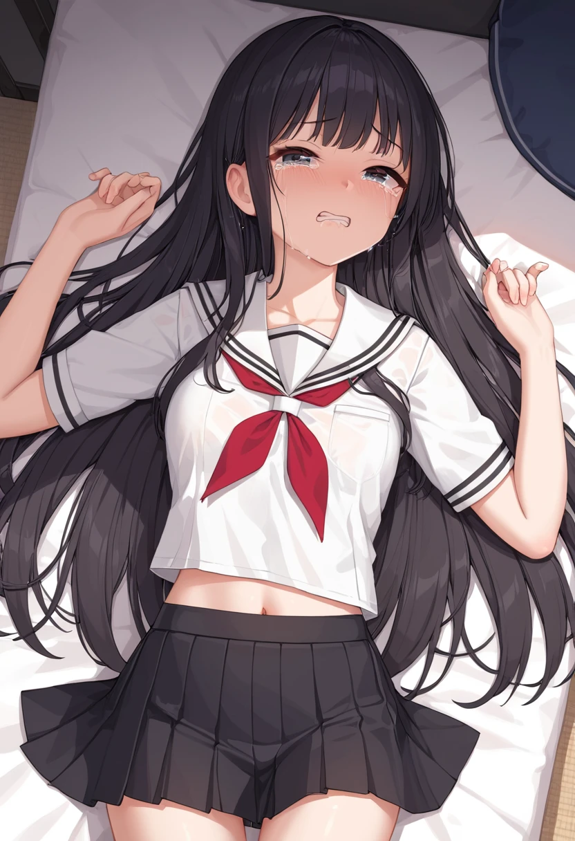 girl　Black long hair　Small Bust　White Sailor Suit　 Black Skirt　Lying face up　Crying face　tears　Looking at me with a frightened expression　Mouth slightly open　She is hiding her chest with both hands