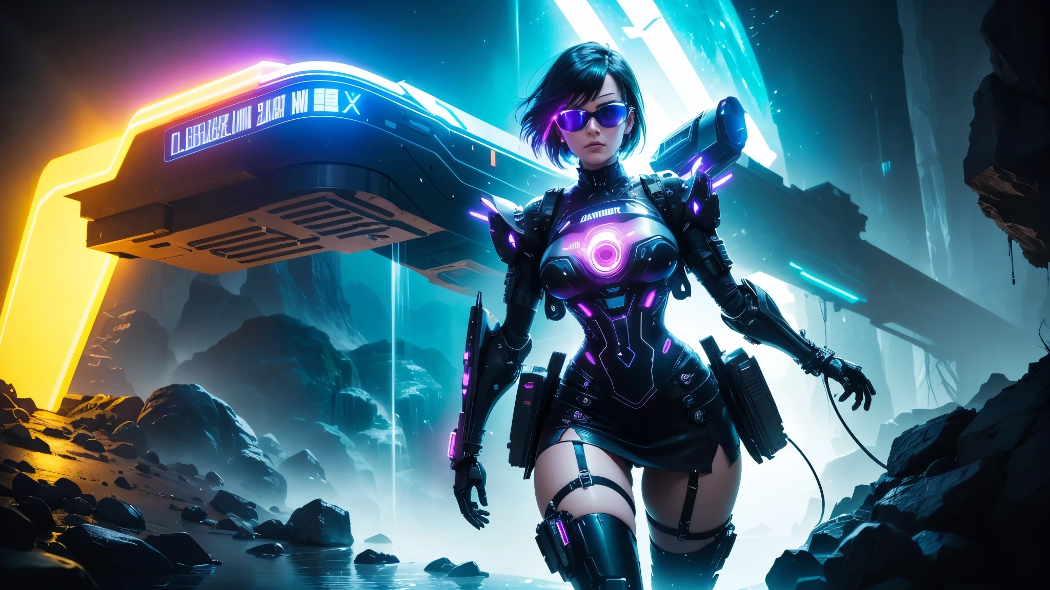 at night. futuristic space aircraft docking platform, neon-themed artwork with vibrant purple and blue colors, intense neon lights illuminating the entire scene, a dense layer of mist creating a dreamy atmosphere, a captivating and mesmerizing background with intricate details, a gaming-inspired theme with RGB lighting effects. (((1girl, solo, alone))), female assassin, large-breast:1.4 slim:0.8 body, medium hair, cleavage:1.1, sexy micro laced lingerie, (black sunglasses), (((((she raised a pistol:1.8 and shot the viewer))))), standing pose, ((half-body thigh:0.95 level medium shot)), cinematic lighting, lens flare, ray tracing.
