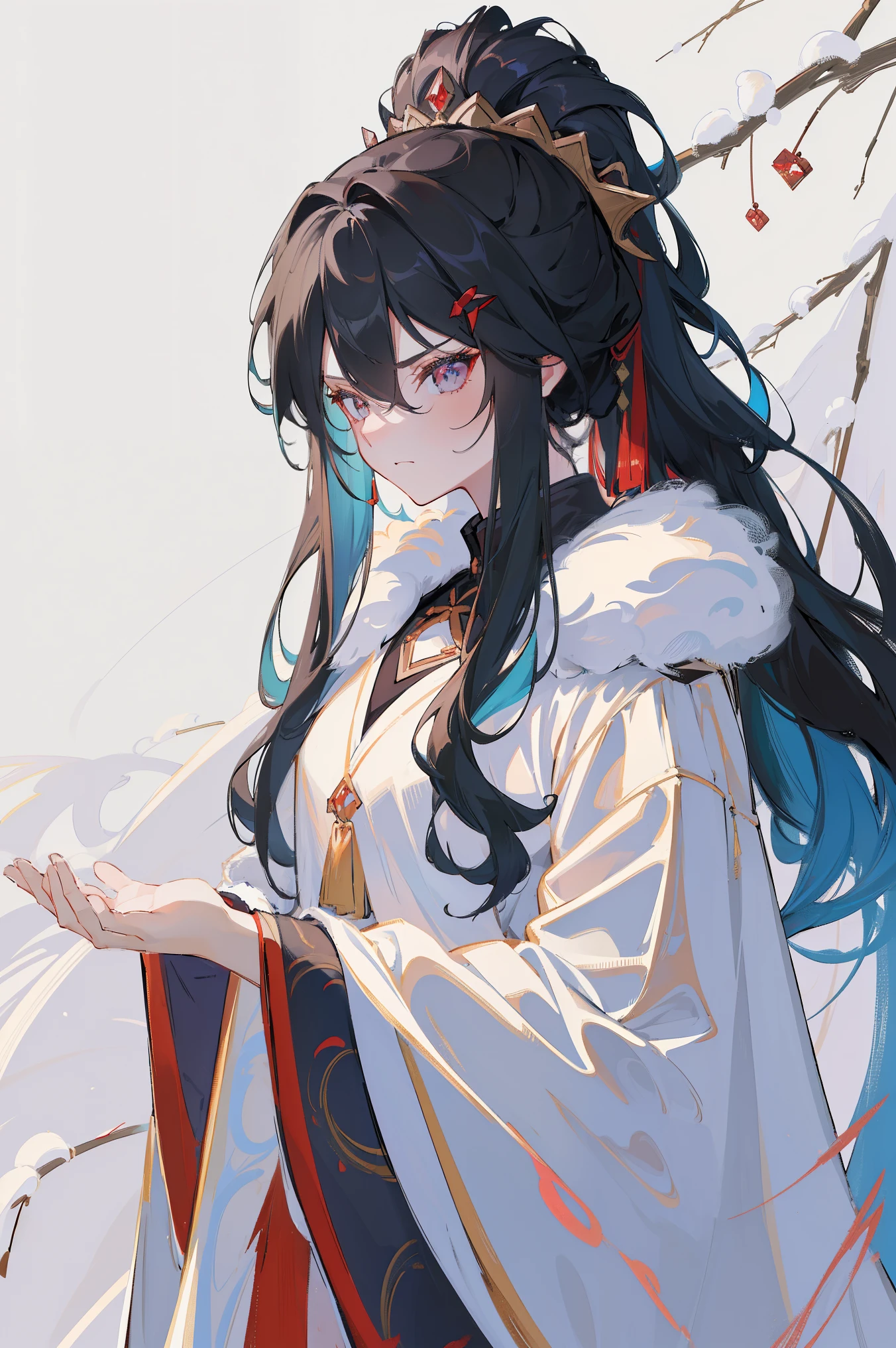 (((tmasterpiece, Best quality at best, Ultra-high resolution, CG unified 8K wallpaper, Best quality, ultra - detailed, ultra HD picture quality))), 1 girl, black and long hair is angry, game fairy, at winter season, Cotton clothing, Fur collar, Furry coat, Hanfu, yarn, flowing gauze, Nice face, beautidful eyes, Beautiful hairstyle, Beautiful costumes, Structurally sound
