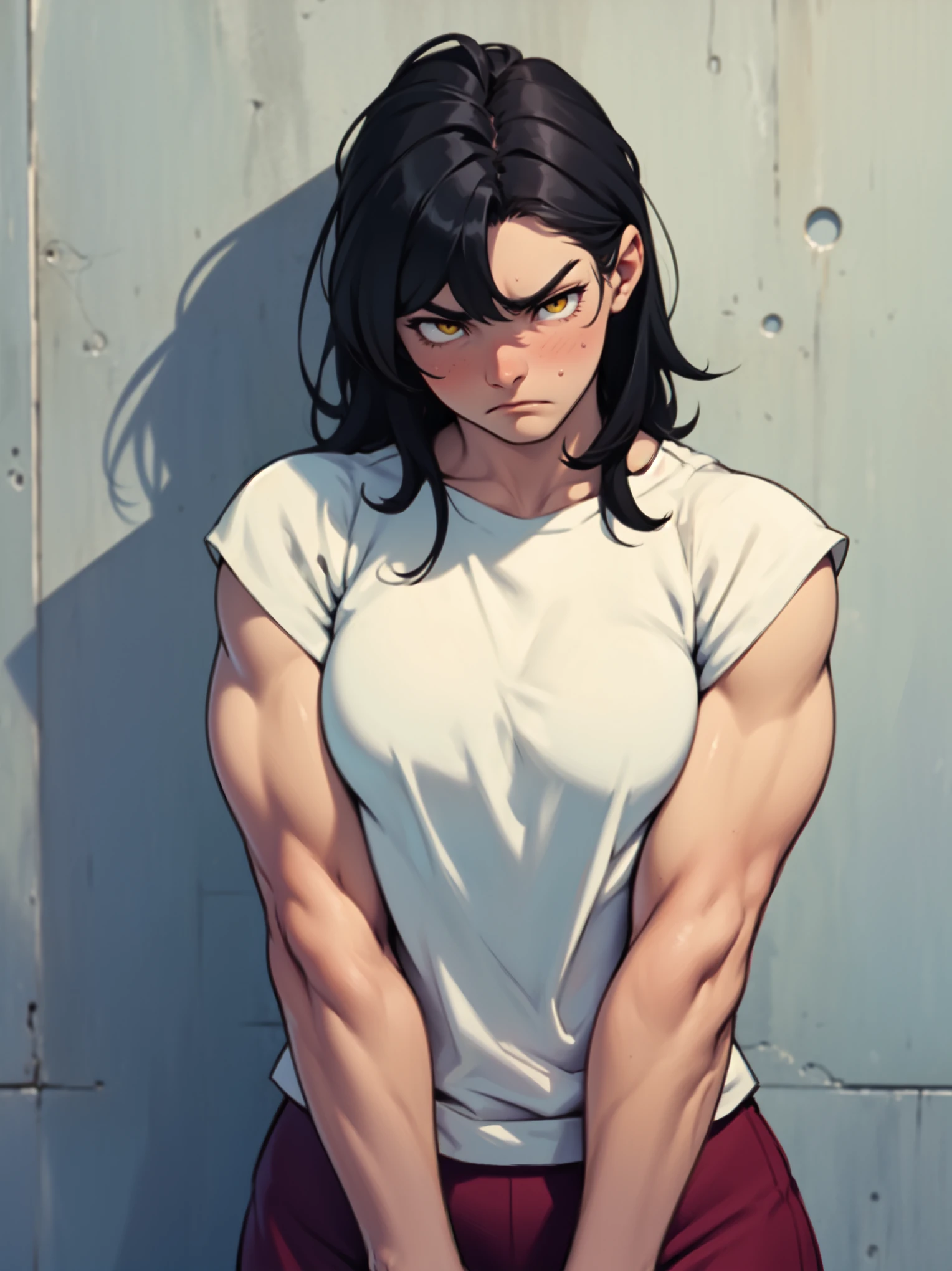 girl sad muscular muscular breasts breasts breasts thick thick thick thick black hair yellow eyes pale skin pale skin thick thick long sleeve dark atmosphere thick thick thick muscular thick simple background sad sad sad sad tigth shirt