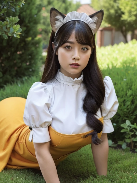 15 year old girl with medium length black hair, children's pigtails hair, Indian facial structure, sad expression, golden necklace, she wearing a playboy bunny suit, bare shoulders, visible nipples, marked nipples, she in a park, kneeling on the floor, top view
