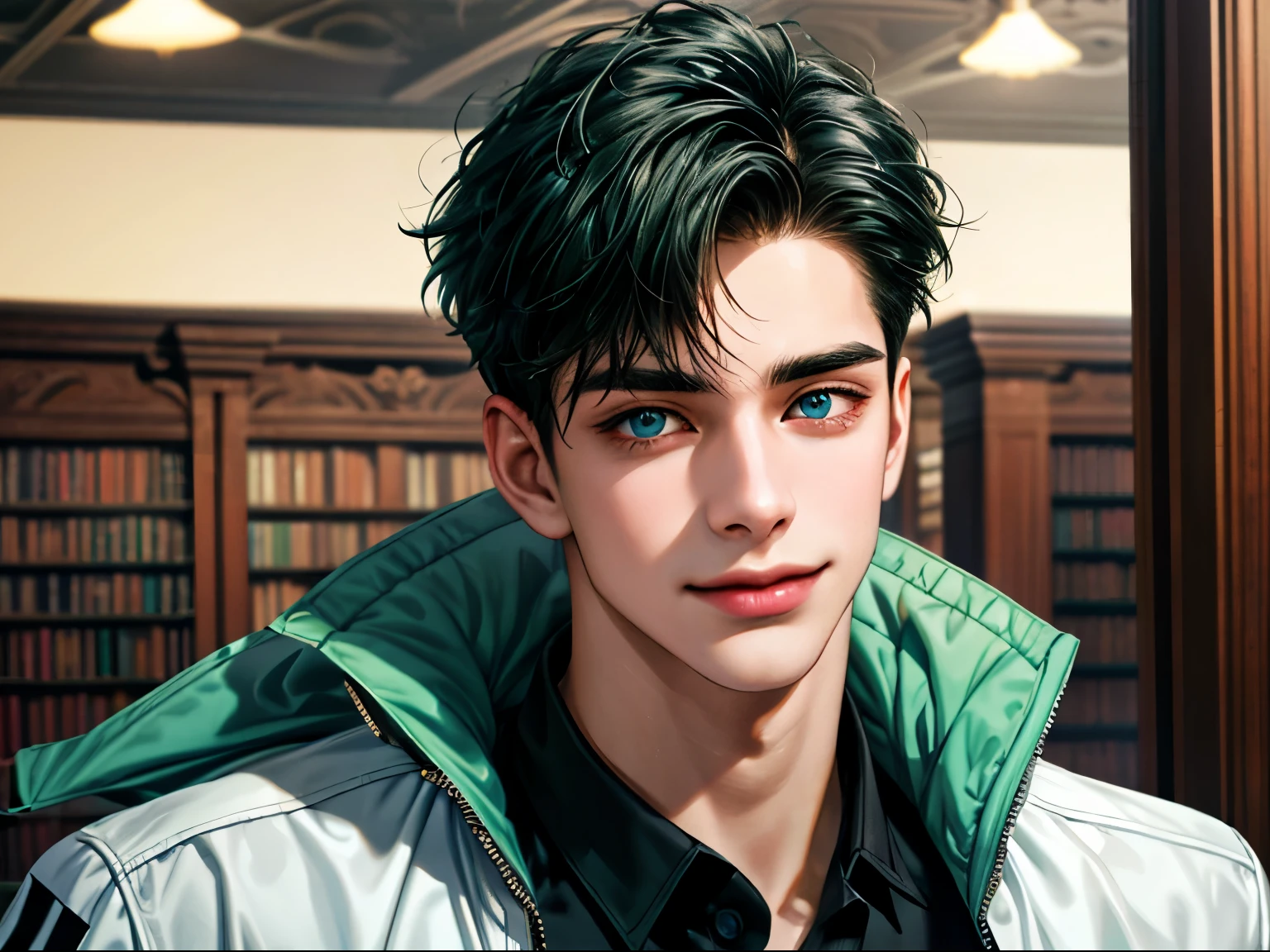 a handsome young man, 21 years old, black hair, badboy, short hair, blue eyes, ombros largos, masterpiece, absurd face, beautiful and detailed,  seductive smile ,  with dark green Adidas jacket , sunny environment during the day, In a library