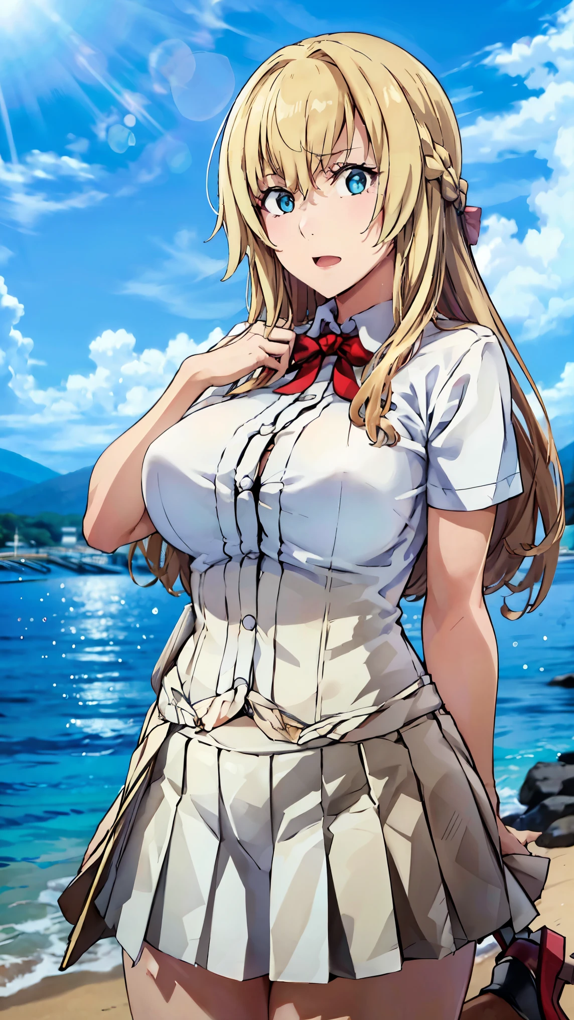 8k high resolution (Super detailed), masterpiece, (Best Quality), Detailed eyes, Detailed face　Detailed hands　Fine hair　Very detailed body、Fine skin　 Precisely Carved Body and Hand　One Girl　 fleet this_Warspite　(WarspiteCS )、Long Hair、Braids、Hair Flower、 white shirt、 collared shirt、Short sleeve、（ extra long dress）、casual、High heels　(Big Breasts)　View here　coastal　With the sea in the background　 embarrassed look