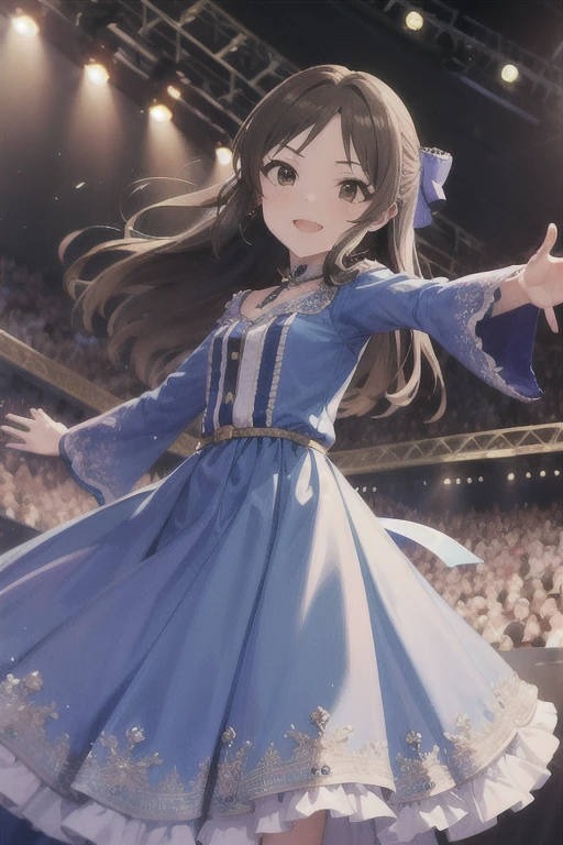 masterpiece,Best Quality,1 girl,Alone,Arisu Tachibana, Brown Eyes ,Brown Hair,Half Up Hair,Frill dress,( long dress ),Idol,Idolmaster,Long sleeve,hair ribbon,Wide sleeves,smile,Close one eye,Open your arms,Outstretched arms,on stage,Stage lighting