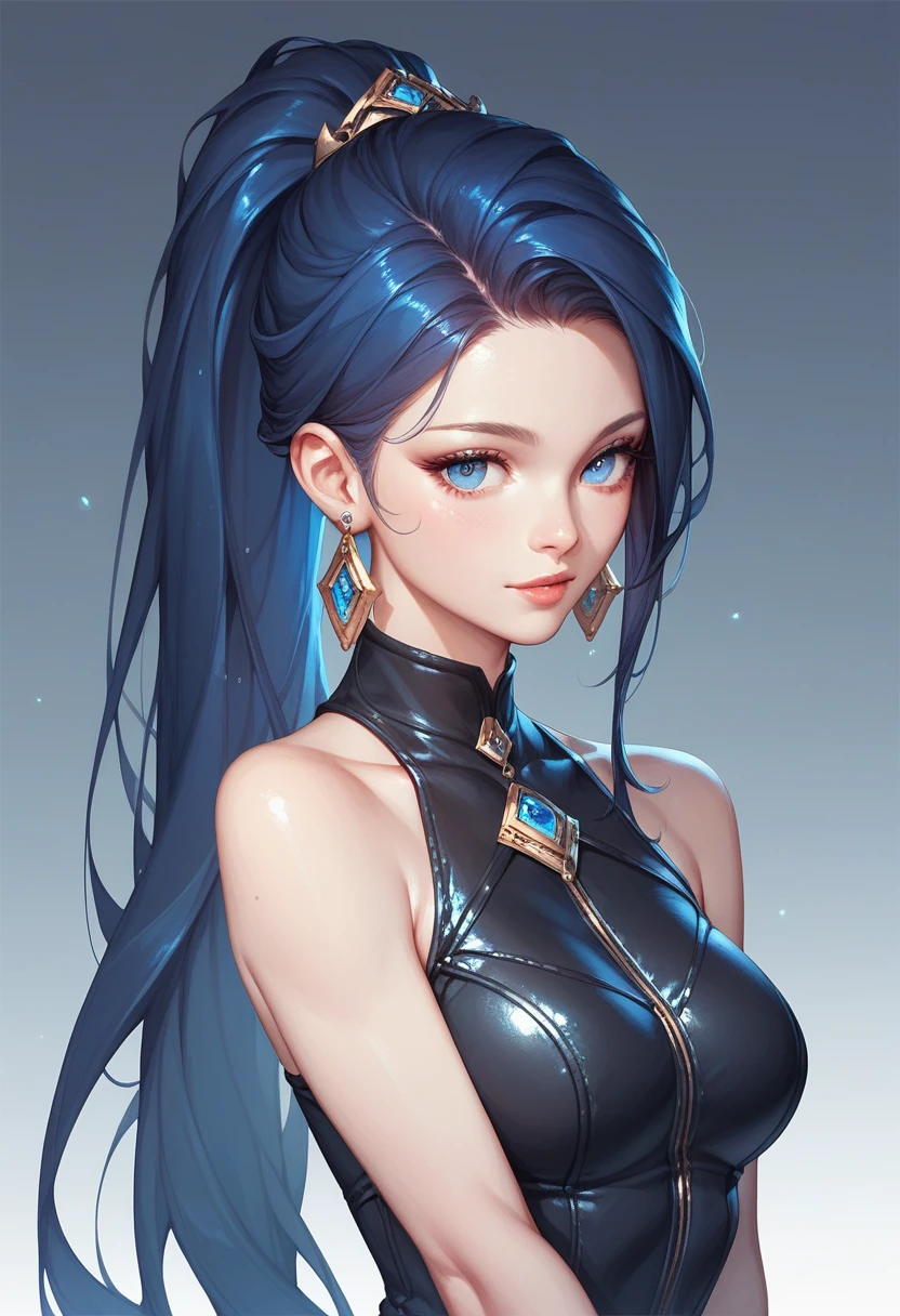 A woman with black sleeveless catsuit with bare shoulders, beautiful face, blue long straight ponytail, earrings, soft smooth skin, pale skin, blue eyes, sci fi