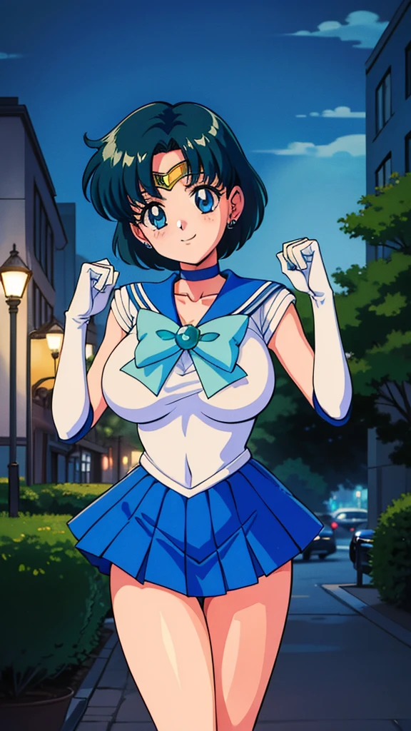 1990s \(style\), Mizuno_Ami, Large Breasts, night, standing, Alone, Classic SMRC_, green_Pleats_skirt,_white_gloves_green_boots_green_ choker_green_bowtie_green_return_bow_ circlet_green_brooch, anime cels style, Outdoor, Best Quality,  High Resolution ,  1 girl, ,  and embarrassed, smile, Looking at the viewer, Pose,anime style,high quality,masterpiece,highly detailed