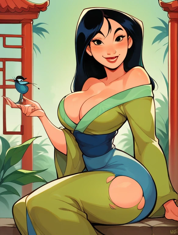 loose hair, smile, kimono, long skirt in transparent yellowish fabric, topknot ,sexually suggestive, no ,medium bust, small waist, Wide hips, muslos gruesos, Look at the viewer, COWBOY SHOT, cartoon, dynamic poses, smile, beautiful, wide angle shot, alone, Chinese temple, bamboo forest,disney, Dutch corner , 1 , big butt, kneeling,  big breasts, torn clothes, pose sexy, semen 