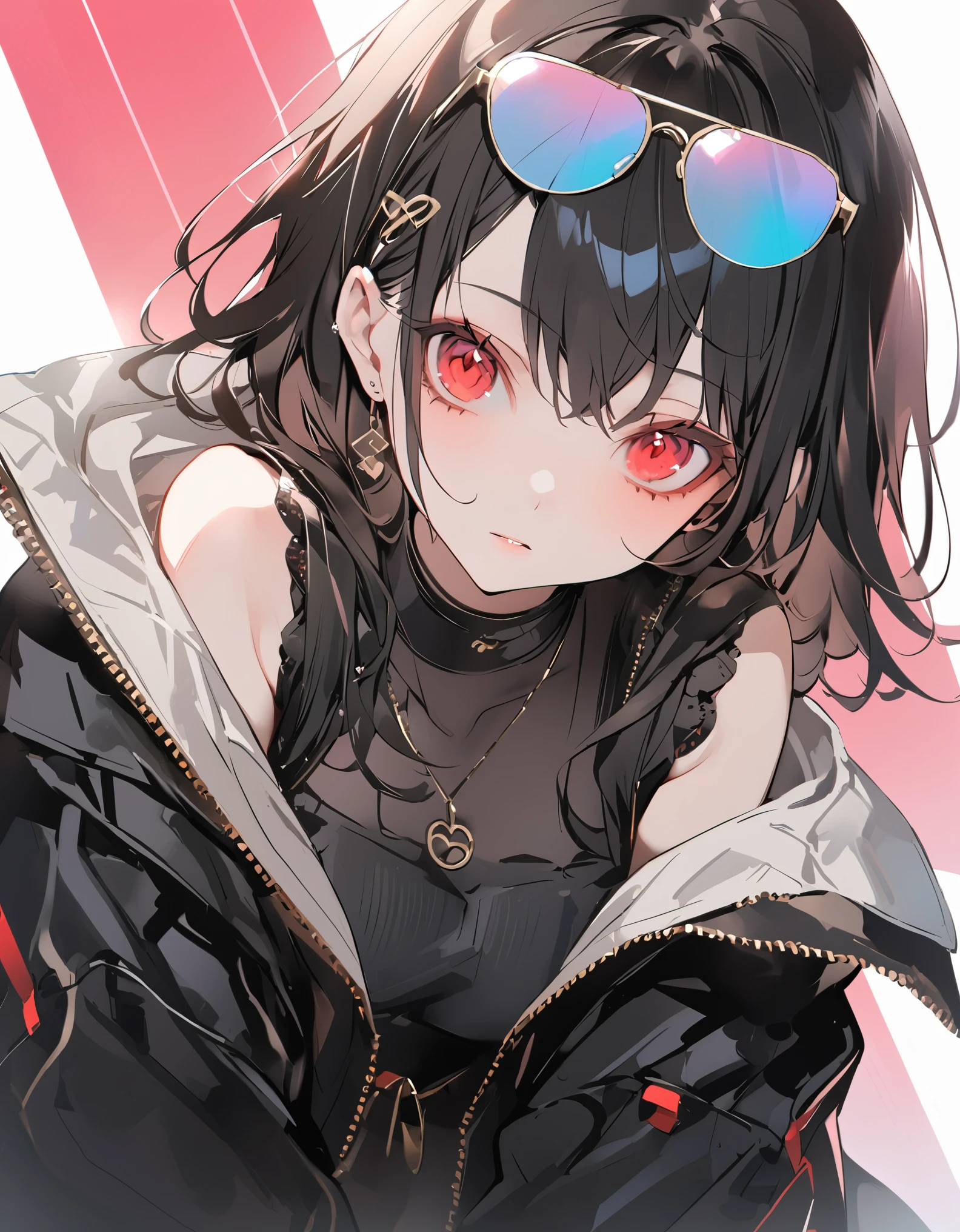 masterpiece, Best Quality ,a girl,Cold,black hair,red eyes,fashion clothing,black jacket,color block background,Pink and black frame sunglasses with lenses on head,Low Angle,wide angle,perfect composition,cartoon,whole body,wide angle