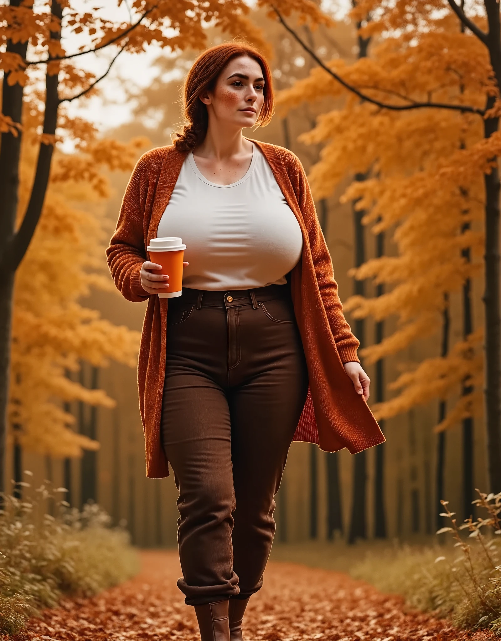 Photorealistic, cinematic style, low angle picture of a beautiful British woman walking through a maple forest in autumn. Trees with orange leaves. Sun setting behind the trees, orange light everywhere. (Dynamic pose: 1.5), she is smiling. She has Brown eyes, downturned eye shape, light skin and freckles, reddish-brown hair, loose braid hairdo. She's wearing a cardigan in orange colour, white t-shirt underneath, dark brown cordoroy trousers. Boots. Holding a bright orange takeaway coffee cup. ((Theme colour is orange)). perfect hand,HDR, intricate details ,
