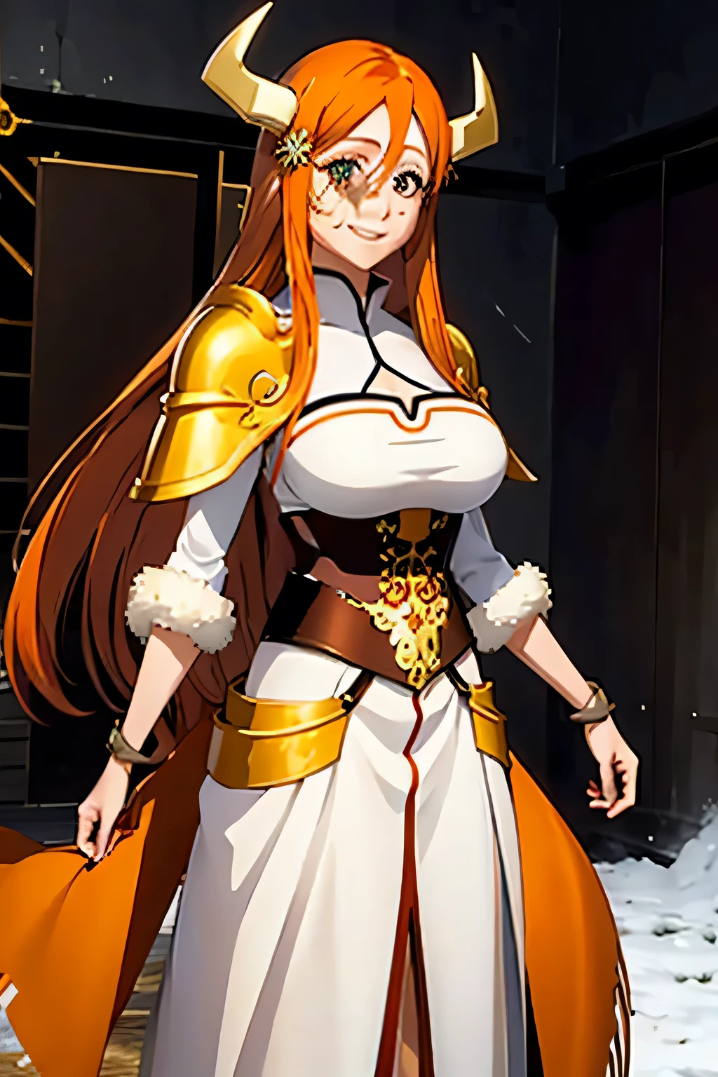 (Best quality, Super detail), Inoue Orihime, orange hair, long hair, Grey eyes,  big breasts,   Viking costume  , hair ornament, white fur  , Brown  , white background ,  A golden helmet, golden horns, a beautiful smile