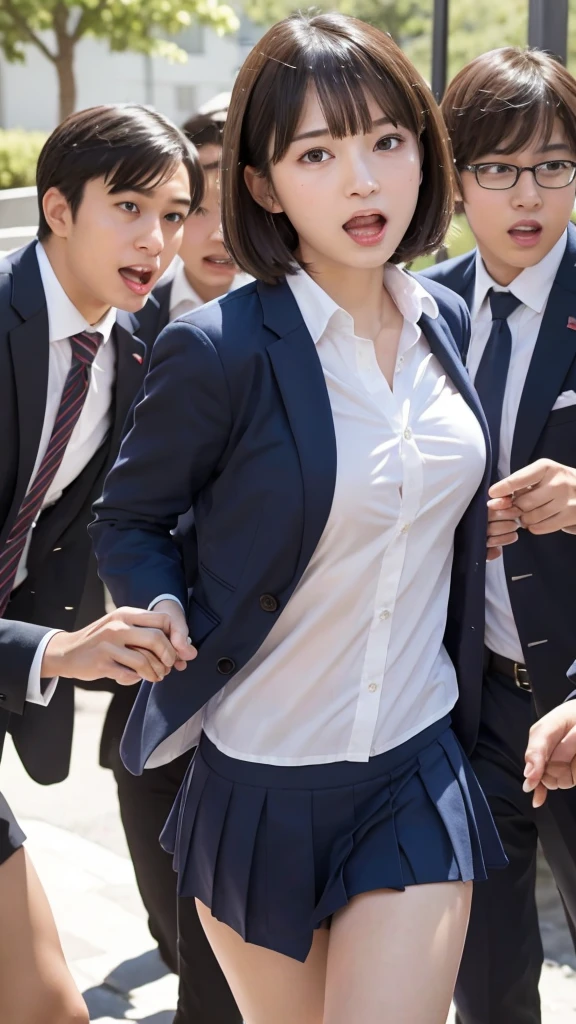  A beautiful female student with a clean, baby-faced woman passes by in front of a horny male student who had been ambushing her, She is surrounded by horny male students and her school uniform is stripped off, exposing her panties、Viewers stare at her panties, Screaming with mouth open while looking at the camera, Panicking after being incited by male students ,  boyish short hair:1.3, Vivid and realistic, I was surprised by the lewd gazes of the viewers., blush, Distorted Eyes, Ultra-high resolution, Beautiful legs, Clear white skin, Slender body, Japanese,  anatomically correct