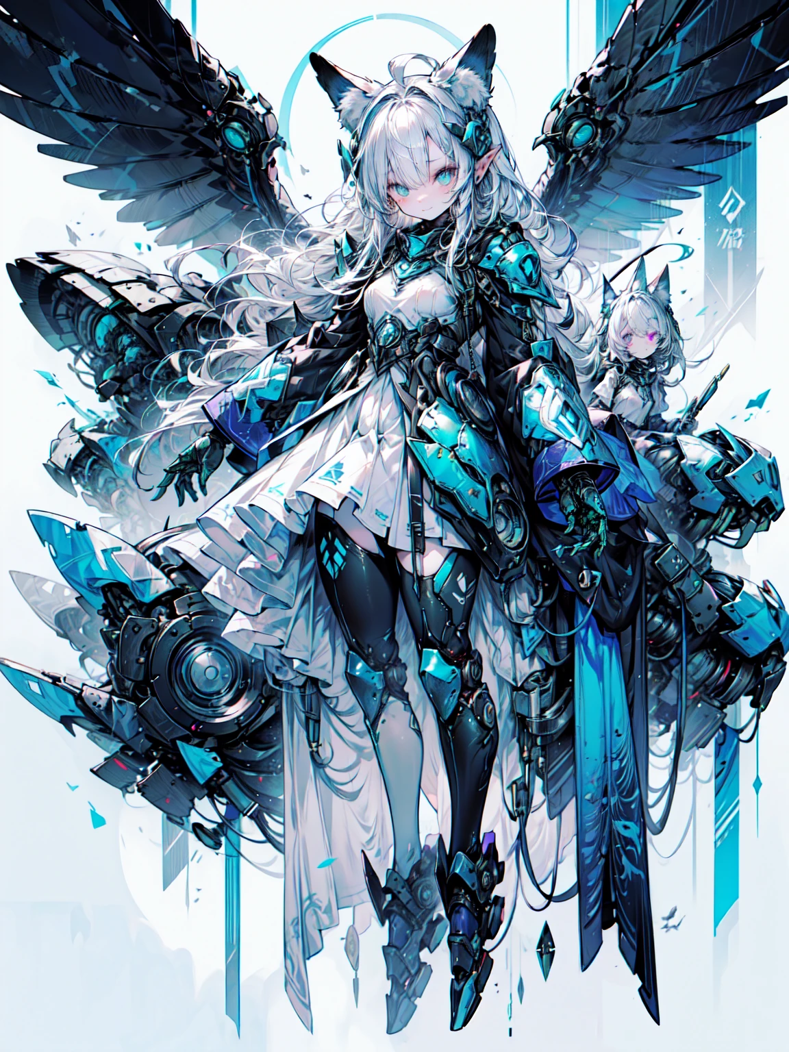 Cat ears, doll, green eyes, Pale skin,  light purple hair , Long Hair, Short bangs,  blading、, Paladin、Long Hair、Short bangs、green eyes、3本の blading 1束、(Blue Armor、Blue Boots、Blue Helmet、gem、Gold embroidery)、thin、 Long Skirt、owl wings 、 cowboy shot、 Organic Armor Cyborg 、Machine Armor、Armor Textures、Blake、非常にdetailed (Dark Elf), (1 girl), Alone,  perfect face, detailed, Ahoge, ((Long Hair:1.2)), (Hair above the eyes:1.3), [[Messy Hair]], smile, Design Art：Haruhiko Mikimoto, Kawasaki,  Amano Kikosaku  