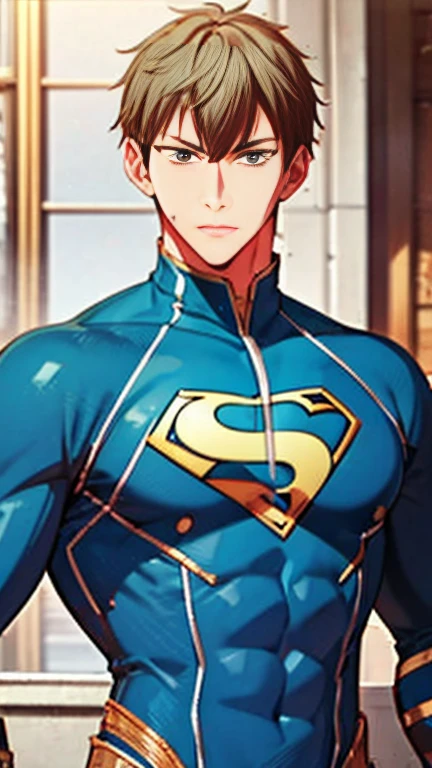 (Highly detailed CG), (Best Quality),  Superhero with a Beautiful Body, Hero Outfit , Handsome and cool young man, Slim and muscular, Skin is brown, Blonde hair, Frivolous