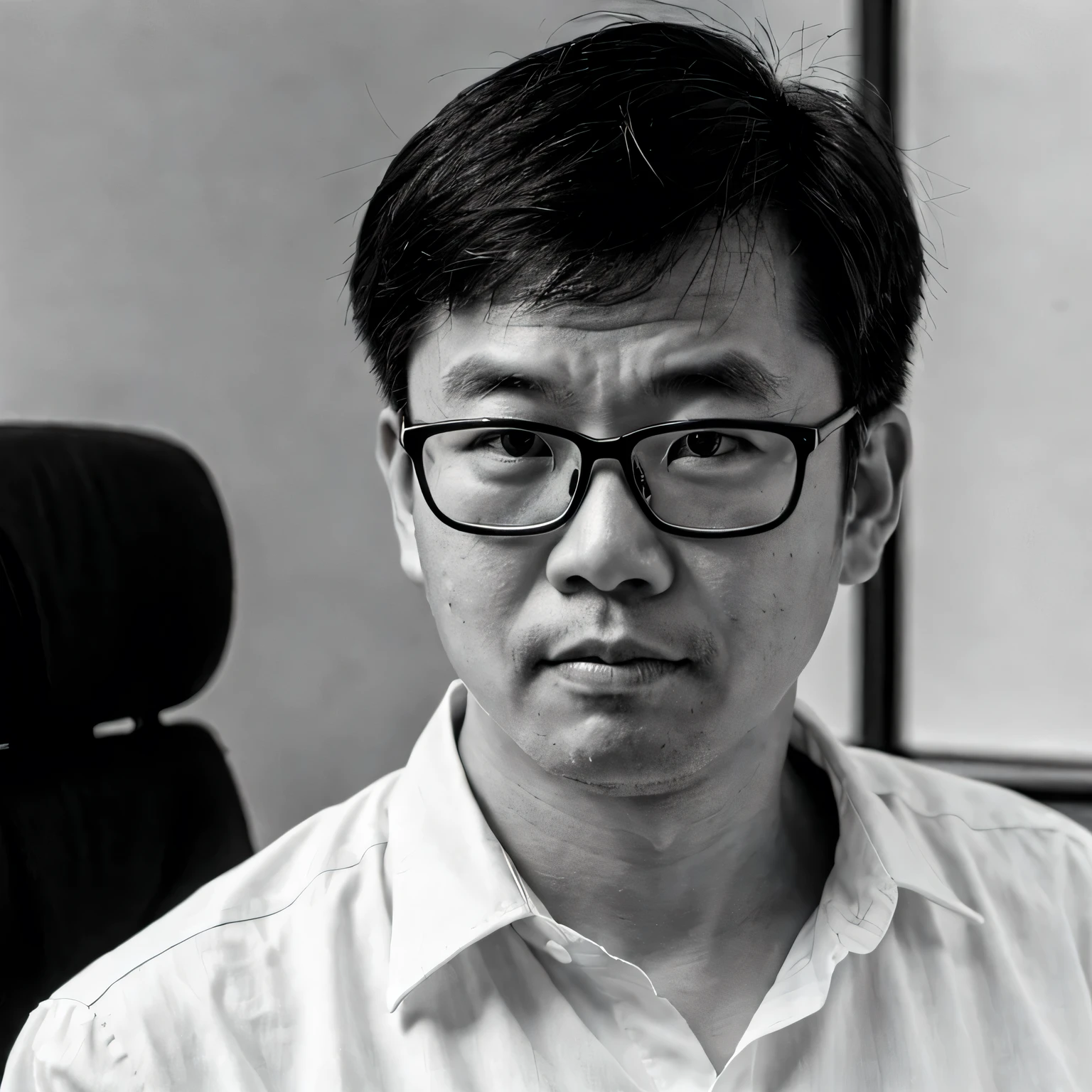 Portrait from the 70s, there is an Asian man with glasses in an office, white shirt, serious face, 40-year-old man, realistic portrait, old photo