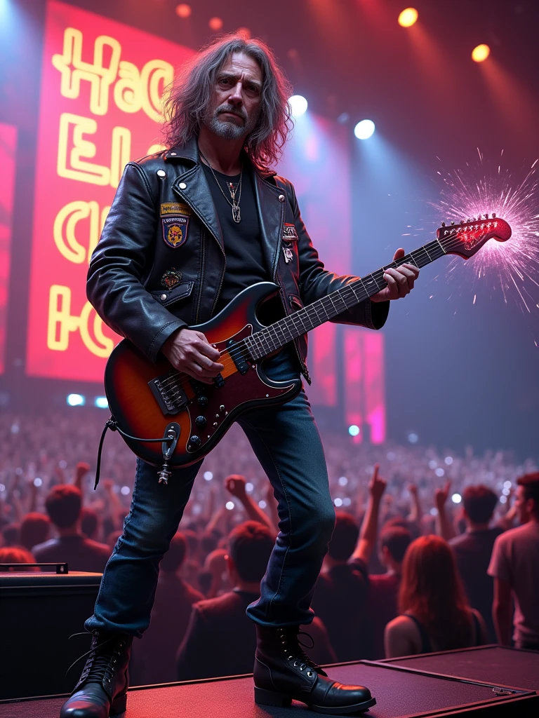 IImagine an (((older face Harry Potter))) styled as a legendary 1980s rock band member. He has long, wild hair and wears a classic leather jacket adorned with patches of iconic rock bands. His outfit features tight jeans and combat boots, and he’s holding a wand that resembles a guitar. Harry stands confidently on a concert stage, surrounded by colorful lights and a roaring crowd, with magical sparks flying from his wand, resembling a rock star’s performance. The background captures the essence of an 80s rock concert, complete with a vintage amplifier and a large banner featuring his name in neon lights. The atmosphere is electric, blending the magical world with the vibrant energy of rock music.” (More detail, enhanced_harry-potter face)
