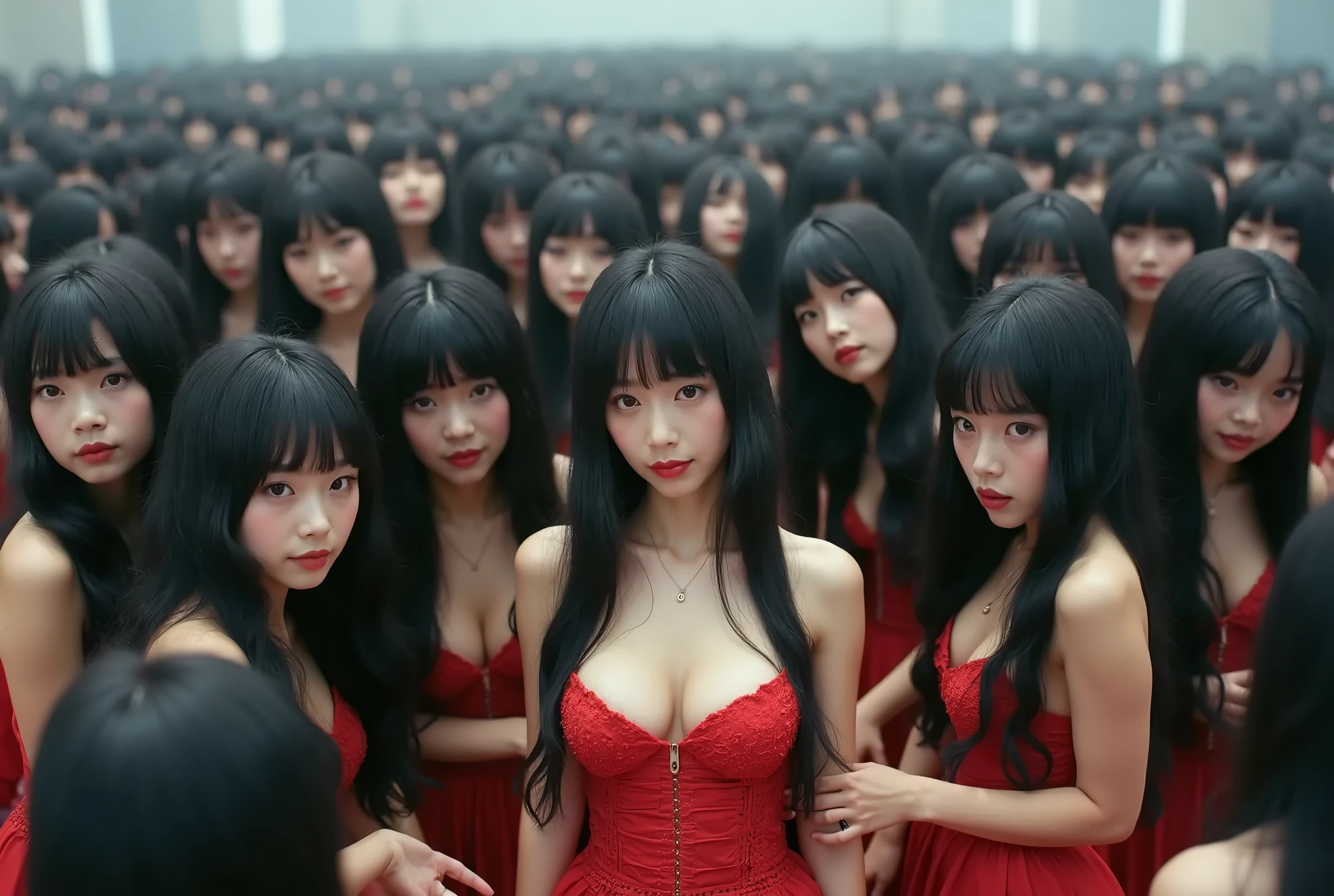 (No need for a center subject in the foreground), (Japanese Clone-girls=Myself), (Super Best masterpiece Clone-girls Raw Photography Art), (16K, Highest quality, Ultra-high resolution, RAW Photos), (It's so unrealistic., With unparalleled depiction, With an unfathomable sight, An unprecedented and shocking worldview, Clone-girls: In a world of mass reproduction, Ultra-realistic depiction), (Japanese girls, Saito-Asuka, 26yo), (Small face, Glossy dark hair, long hair, Dark Eyes, Mature face, Cute Smile), (A charming smiling face), (Very beautiful and detailed girl, Accurate body structure, Accurate body movements, Very detailed body), (Super big breasts, Large bulge of ample breasts), (Sexy Dress, Emphasise the fullness of your breasts), (Very detailed, Myself cloning, Depiction of splitting oneself, 1Myself girl→1,000,000,000,000,000,000,000,000,000,000Myself cloning girls), (Myself clone girlsは, With the same perfect appearance, to multiply in large numbers), (Very detailed depiction, Myself's multiplying female body, In the same female body,With the same face, With the same hairstyle, In the same clothes, At the same height, 同じSuper big breastsで, A completely indistinguishable female body, 1,000,000,000,000,000,000,000,000,000,000 people), (Myself girls only), (1,000,000,000,000,000,000,000,000,000,000Myself girls), Sexy hostess in the crowd, Night club at night, intertwined female bodies, Seductive hand movements and gestures, Welcome to Myself