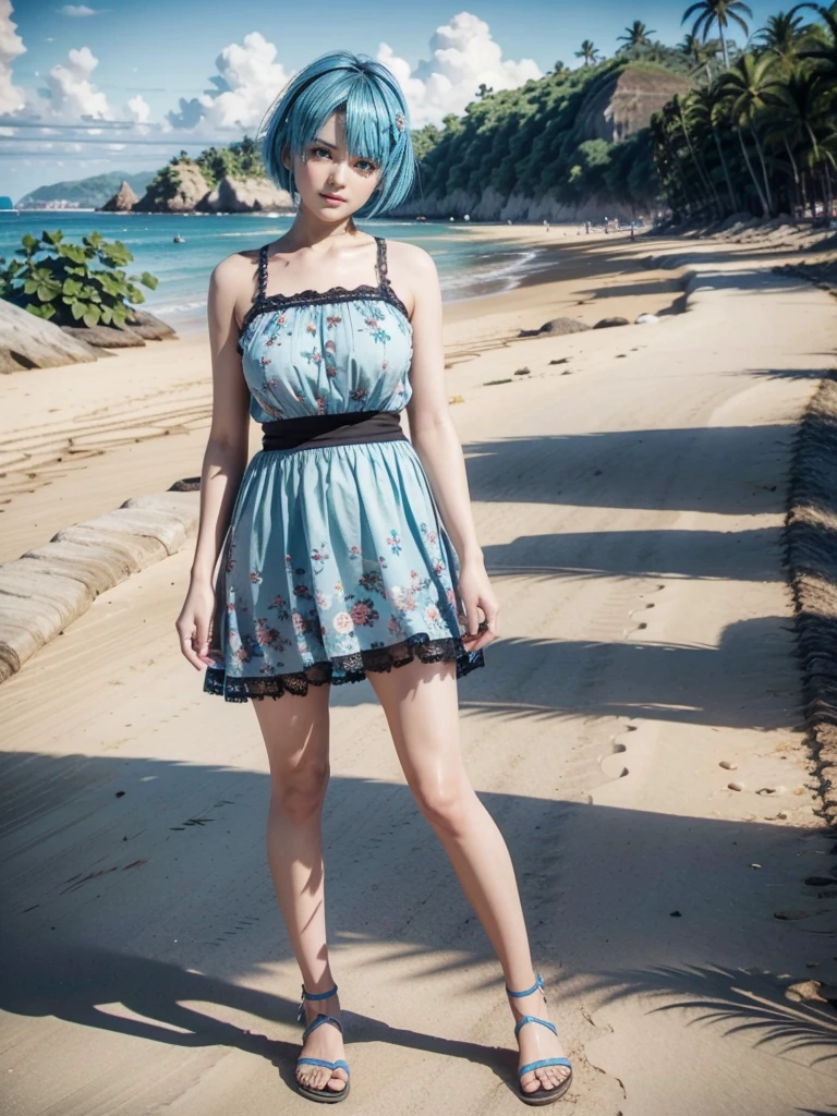 Nico, short blue hair, blue eyes, Best quality casual dress, 1 ,  high resolution ,  full body, wearing a floral orange short dress with lace, Wearing black sandals, on a beach, pulling up the skirt