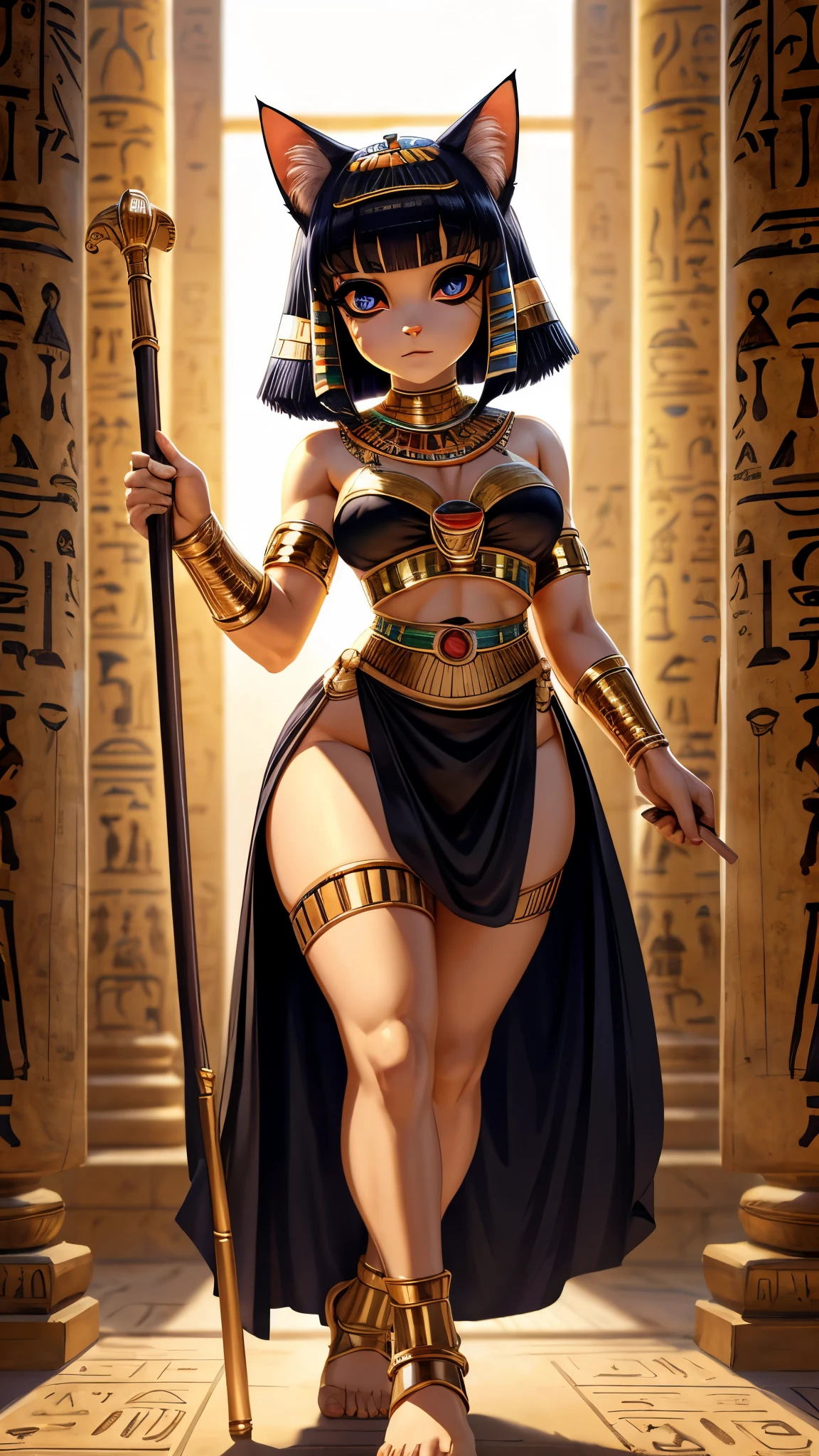 1 girl, solo, High Resolution , Black short bob、Bangs、Cat Beastman、 sexy Egyptian costume、 ancient Egyptian style makeup 、Pharaoh、 holding a long cane 々Standing in such a figure 、Big Eyes、Round face