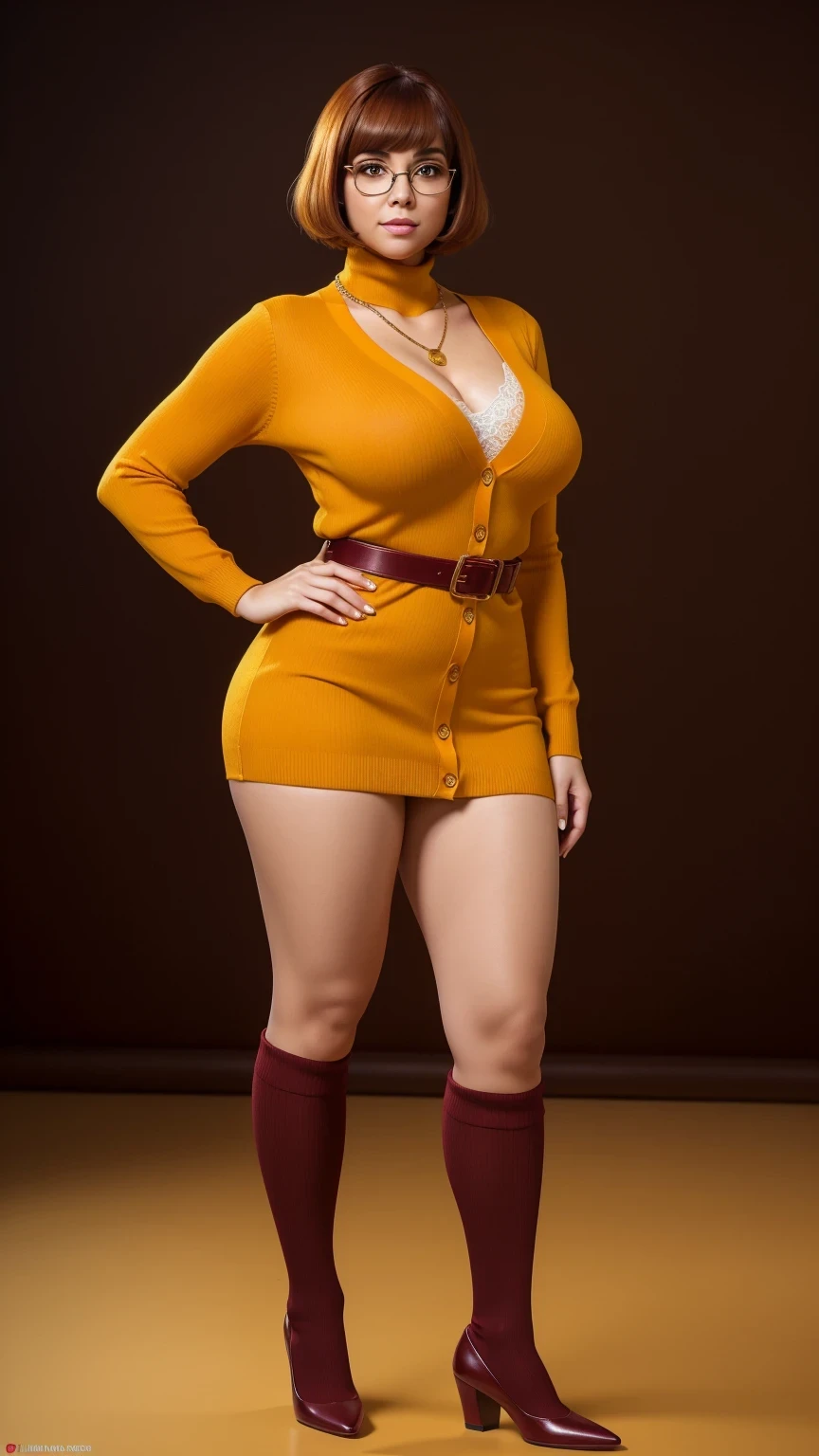 ((masterpiece, best quality, ultra-detailed, ultra-HD, photorealistic, cinematic)), (wide camera shot, full body view:1.5), (sensual pose, standing), (alluring and voluptuous female as Velma Dinkley:1.2), tight and thin yellow pants, perfect anatomy, perfect face, proportioned hands, (deep shade of auburn with a slight natural wave hair color, chin-length bob with blunt bangs hairstyle:1.3), (retro-chic style outfit, knee-length and maroon turtleneck dress:1.2), (a matching maroon belt that cinches at her waist:1.2), (thick-framed black square glasses), (wears knee-high, mustard-yellow socks that peek out just above her brown, sensible lace-up shoes), (sports a delicate, gold pendant necklace), (vibrant orange cardigan slung over her shoulders), ((dynamic background)), realistic