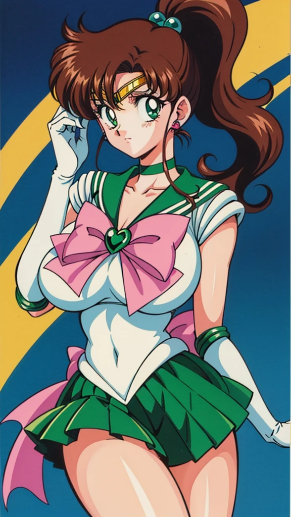 Best Quality,  High Resolution , 1990s \(style\), retro artstyle, 1990s anime cels style, Sailor Jupiter,  finding , Sailor Warrior uniform, Green sailor collar,   White Gloves , Green pleated skirt, Pink Ribbon,  ponytail,  jewelry , Earrings、Huge breasts,Thighs