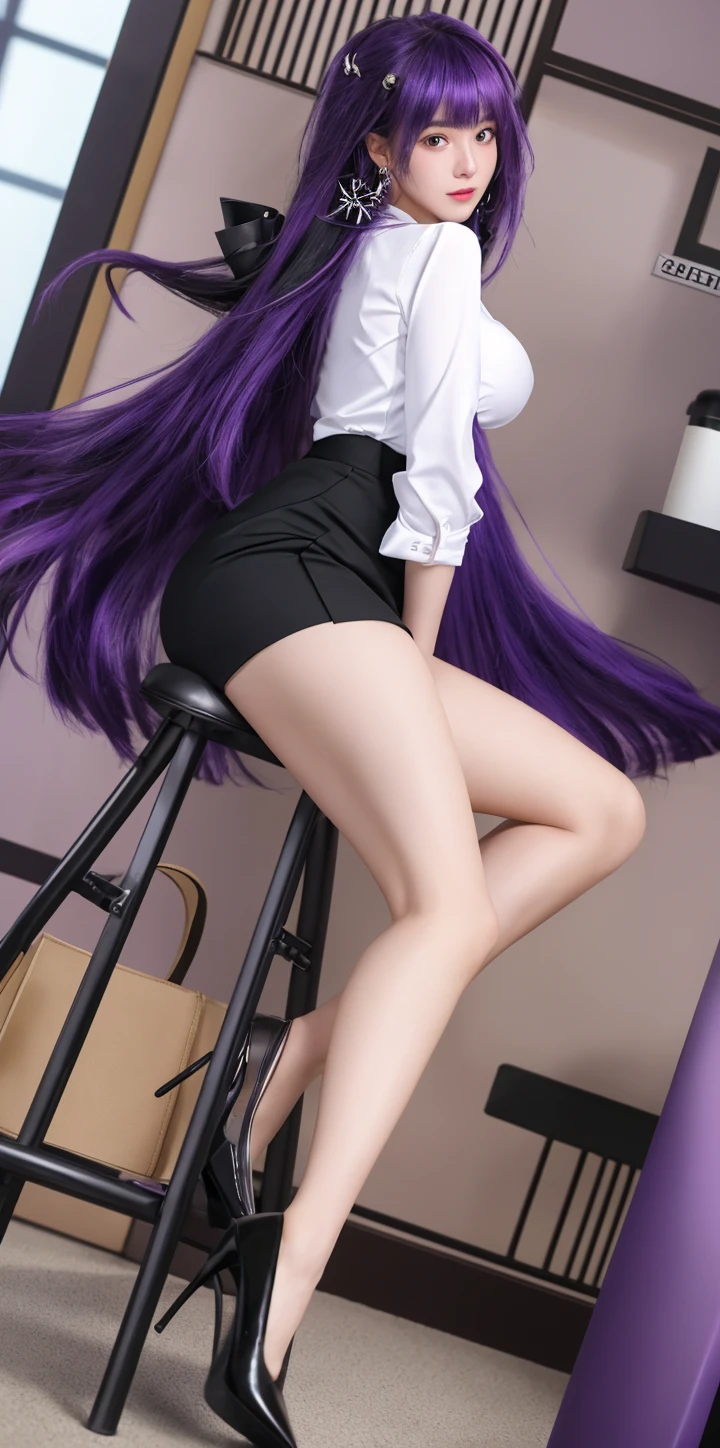 1 girl, Frederica Bernkastel, bangs, blue hair, blunt bangs, long hair, purple eyes, solo, pink dress, sexy poses, ass, background