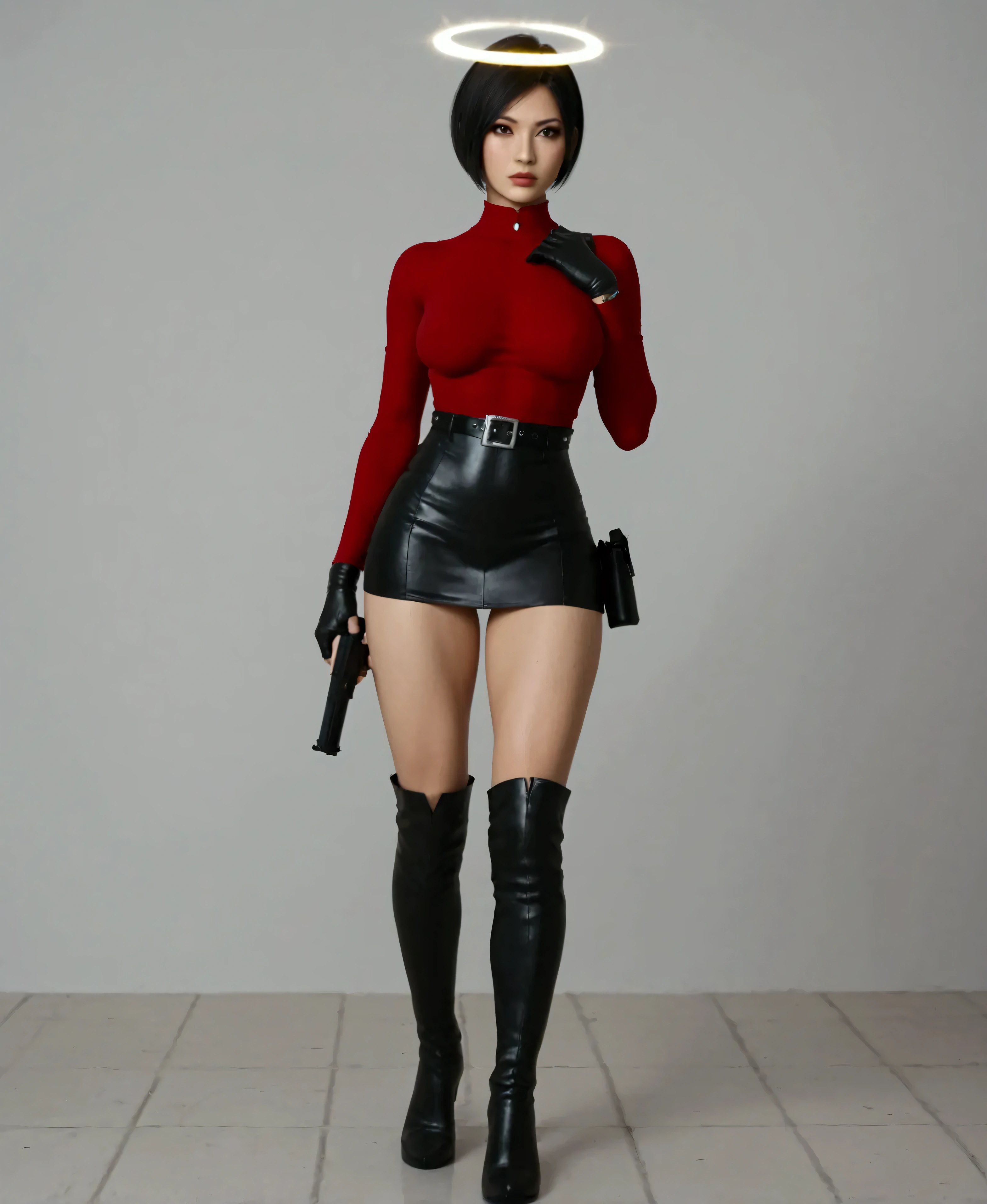 Digital illustration of a female sexy big busty giga character Ada Wong with a confident posture. She has a fair skin tone, short sleek black hair, and a serious facial expression. She is dressed in a long-sleeved red sweater dress, with black leather harness and gloves. The outfit is completed with a gun holster on the right thigh and a scabbard, both attached to a black belt. She is also wearing thigh-high black leather boots. The background is solid black, making the character the focal point of the image, anime, anatomically correct, super detailed, high quality, 4K, high details, super detailed, 4 1girl de 16 anos chupando dedos dos pés, an halo above his head, wearing light gray skin-tight , the body is covered only by golden lines of energy, the background is dark grey. The image has a transparent effect with an iridescent glow that adds depth to it. dark and mysterious