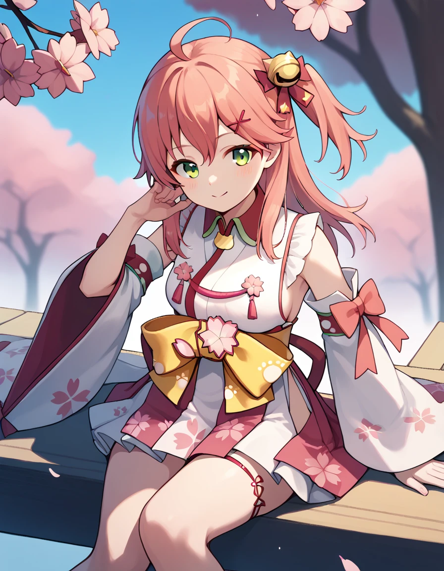 1girl, pointing at viewer, short hair, pink hair, green eyes, Japanese clothes, pink kimono, detached sleeves, long sleeves, wide sleeves, bare shoulders, open mouth, smile, nature, forest, flower, blue sky, sunlight