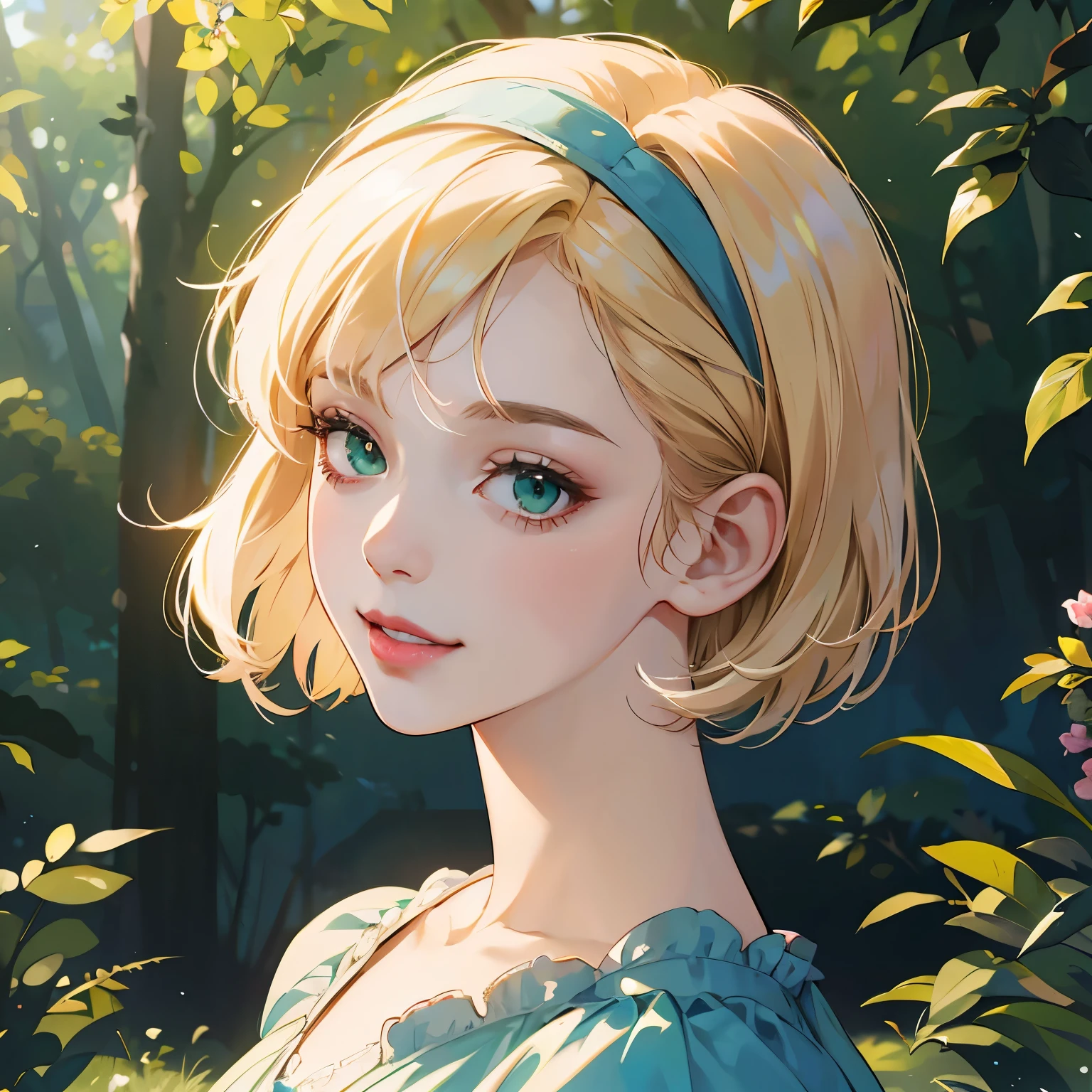 4k, (masterpiece), best quality, high quality, 1 young girl, pretty, beautiful, cute girl, (((portrait))), no makeup, short eyelashes, blond hair, bob hair, green eyes, (bob haircut), opened mouth, wearing a blue dress, wearing square neck dress, short puff sleeve,  ( forest background), looking side, from side, red lip, smile face, upper body, hair band, pink cheek