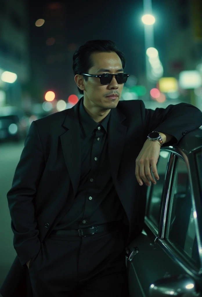 cinematography, realistic, retro, film grain, Wong Kar-Wai, dark lighting, solo, a middle age man in black suit and black sunglasses, stern expression, hand in pocket, he leaning against a car, blurry, bokeh