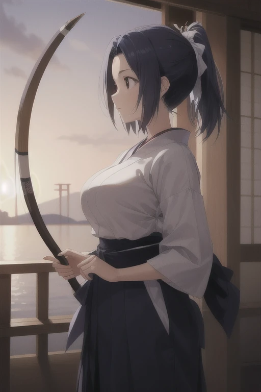 masterpiece, Best Quality, ultra detail ,girl,sunset, ponytail,standing,Large Breasts,Short sleeve,,Bow and Arrow,breastplate,target,aiming target,(breastplate), in the same way,Japanese clothing,Japanese Dojo, drawing bow, (Perfect hands,  Perfect Anatomy),