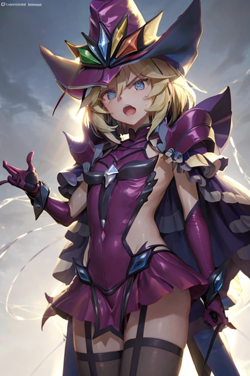 carolgear, blonde hair, mole under eye, blue eyes, small breasts, braided ponytail, short hair, petite,
BREAK gloves, hat, side cutout, elbow gloves, sideless outfit, thighhighs, skirt, garter straps, braid, black thighhighs, 
BREAK standing,
BREAK angry,
BREAK from front,
BREAK outdoor,
BREAK illustration,
BREAK (masterpiece, best quality, ultra detailed, professional quality:1.3), HD, rich contrast, (nsfw:1.1),