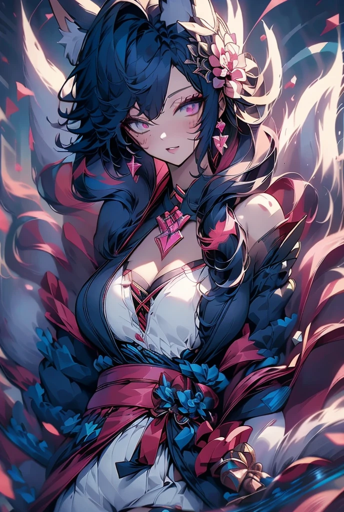 Japanese style kimono　Skinny chest 　 plump chest 　Detailed costume　Detailed chest　Detailed hands　white mucus on chest 1 girl, Long Hair, Large Breasts, Large Breasts, Large Breasts, Fox Ears, Black Hair,  Alluring expression　