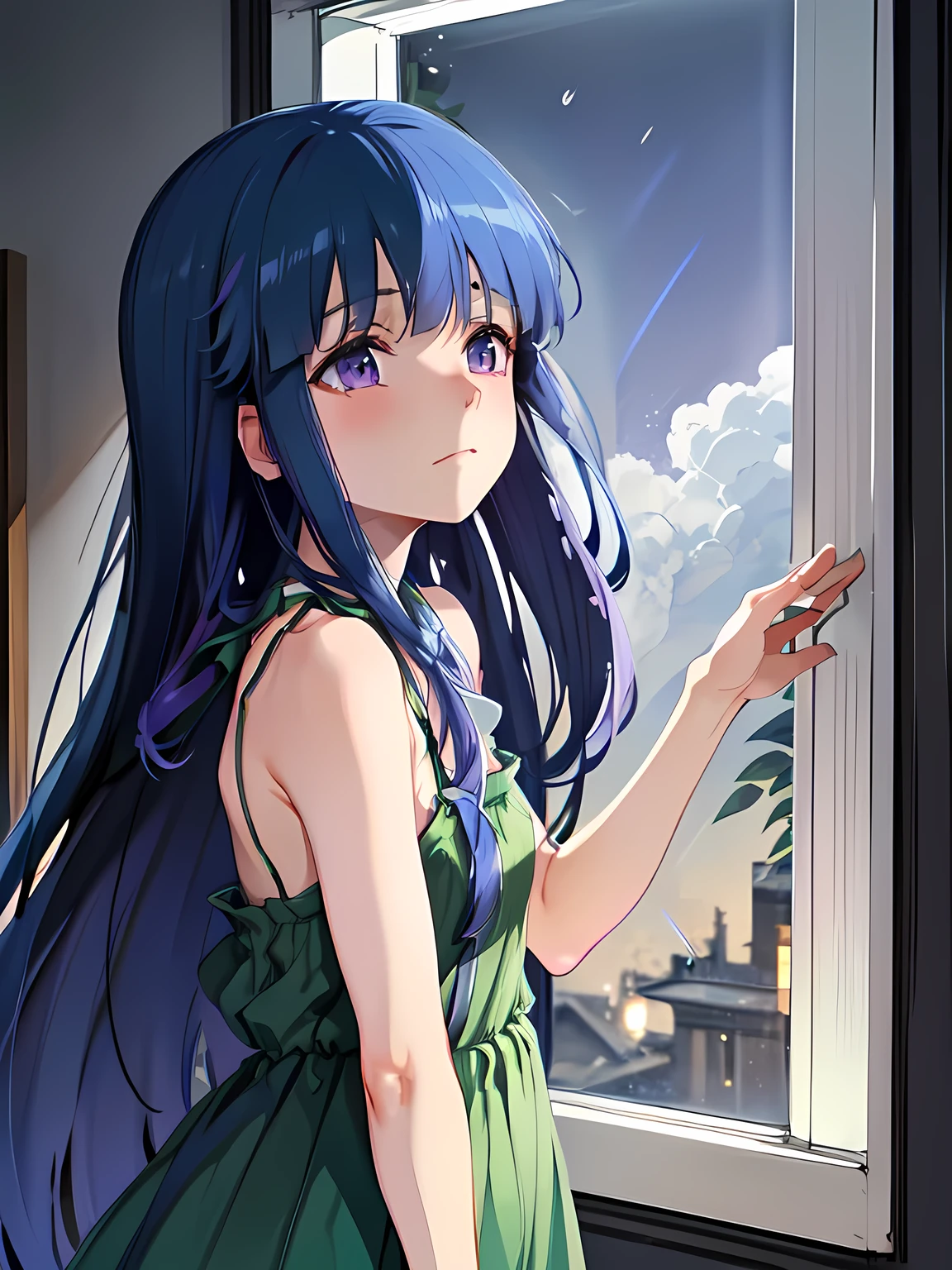 Sad Atmosphere, ((Furude Rika)), woman, alone, Blue Hair, Purple eyes,  sundress, ((  Green Dress)), Dimly lit room,  cloudy sky light through the window, 窓際に座るwoman, A sad expression,  posture with shoulders dropped , Gazing into the distance,  black and white tone ,  raindrops adhering to the window 