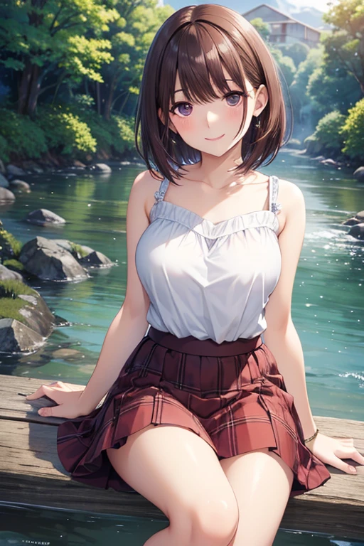 very cute and beautiful girl,(very detailed美しい顔と目:1.2), white camisole,sitting,(spread your legs),white panties,dynamic angle break (smile),Happy,looking at the viewer,(blue pleated mini skirt:1.2), rural area,along the narrow river,bridge,wood,summer,detailed landscape,black hair,twin blade, (highest quality,masterpiece:1.2),intricate details,super detailed,very detailed,High resolution, alone,beautiful and detailed sky,perfect hands,