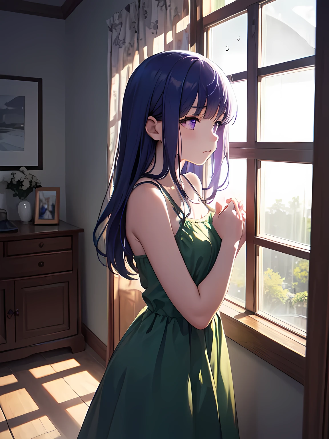 Sad Atmosphere, ((Furude Rika)), woman, alone, Blue Hair, Purple eyes, sundress, (( Green Dress)), Dimly lit room, cloudy sky light through the window, 窓際に座るwoman, A sad expression, posture with shoulders dropped , Gazing into the distance, black and white tone , raindrops adhering to the window