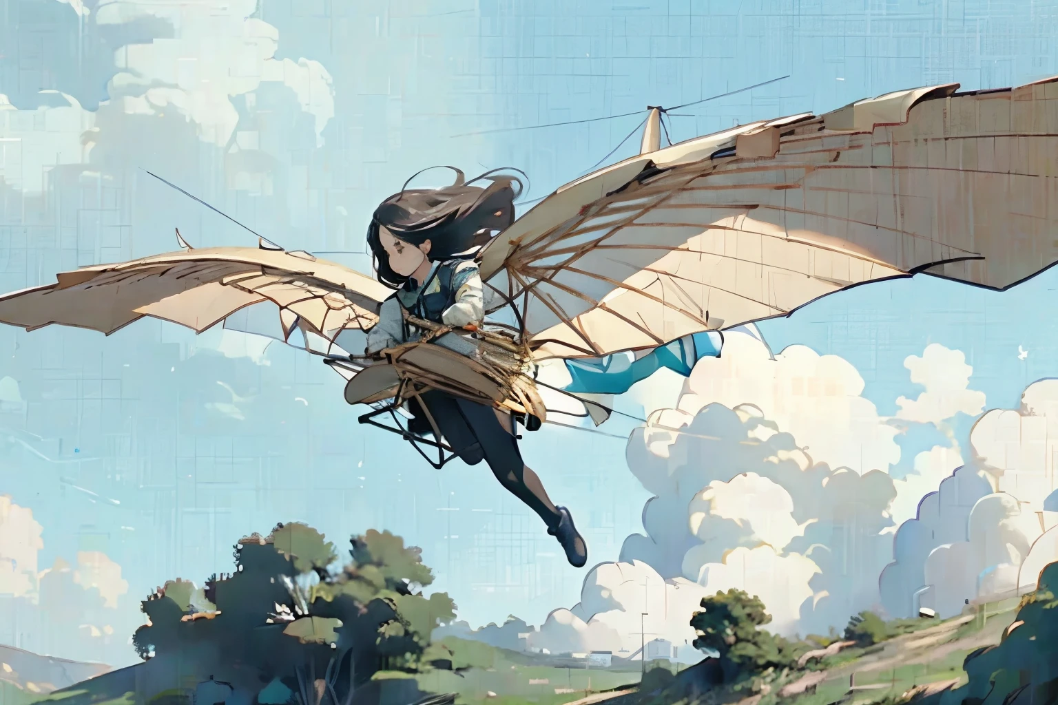 1 girl, A girl piloting a bird-shaped glider, Bird glider , Alone, Flying、Best Quality、High image quality、masterpiece、wallpaper、8k、