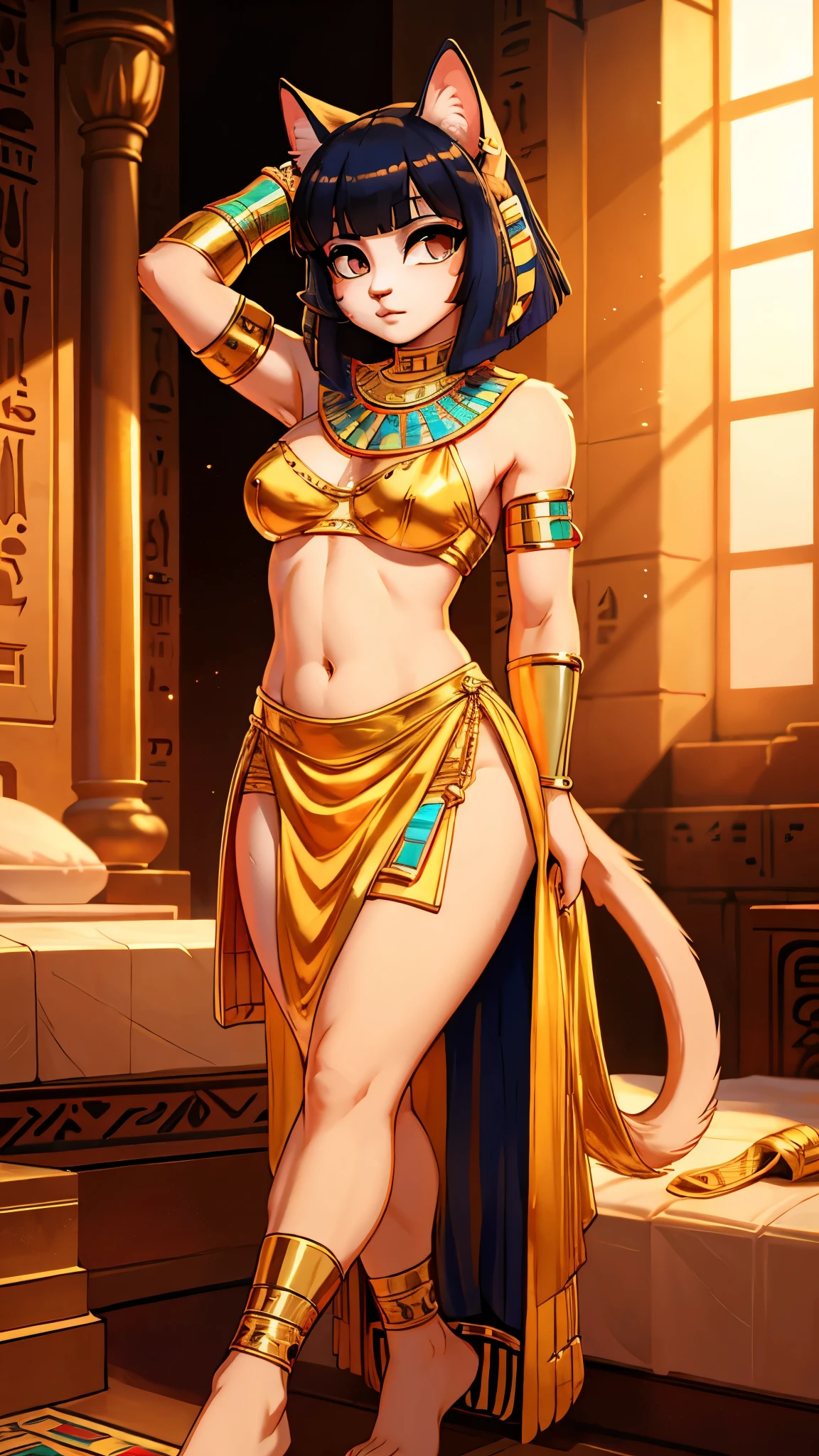 Bokeh , hairy Bastet woman , realistic hairy fur , mature Model Body Type , mature Model  face , Hair ties , in the ancient Egypt , dynamic cat woman pose