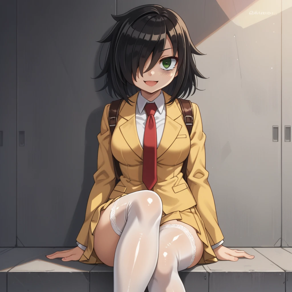 score_9, score_8_up, score_7_up,, solo, source_anime, tomokoxl, bags under eyes, hair over one eye black hair, medium hair, school uniform, red necktie, yellow skirt, short skirt, pleated skirt, yellow jacket, standing, cowboy shot, sitting, crossed legs, thick thighs, shiny skin, focus in crossed legs, underwear, white underwear, shiny underwear, lace underwear, white lace underwear, shiny lace underwear, panties, white panties, shiny panties, only crossed legs pose, sexy crossed legs, perfect crossed legs, sexy legs, big thighs, oiled thighs, oiled legs, smile, open mouth, glowing green eyes, evening time, dark room, breast, big breast, thigh highs, white thigh highs, lace thigh highs, no shoes, feet, soles, oiled feet, oiled soles, sexy feet, sexy soles, backpack, leather backpack, brown backpack, focus in crossed legs, focus in legs,