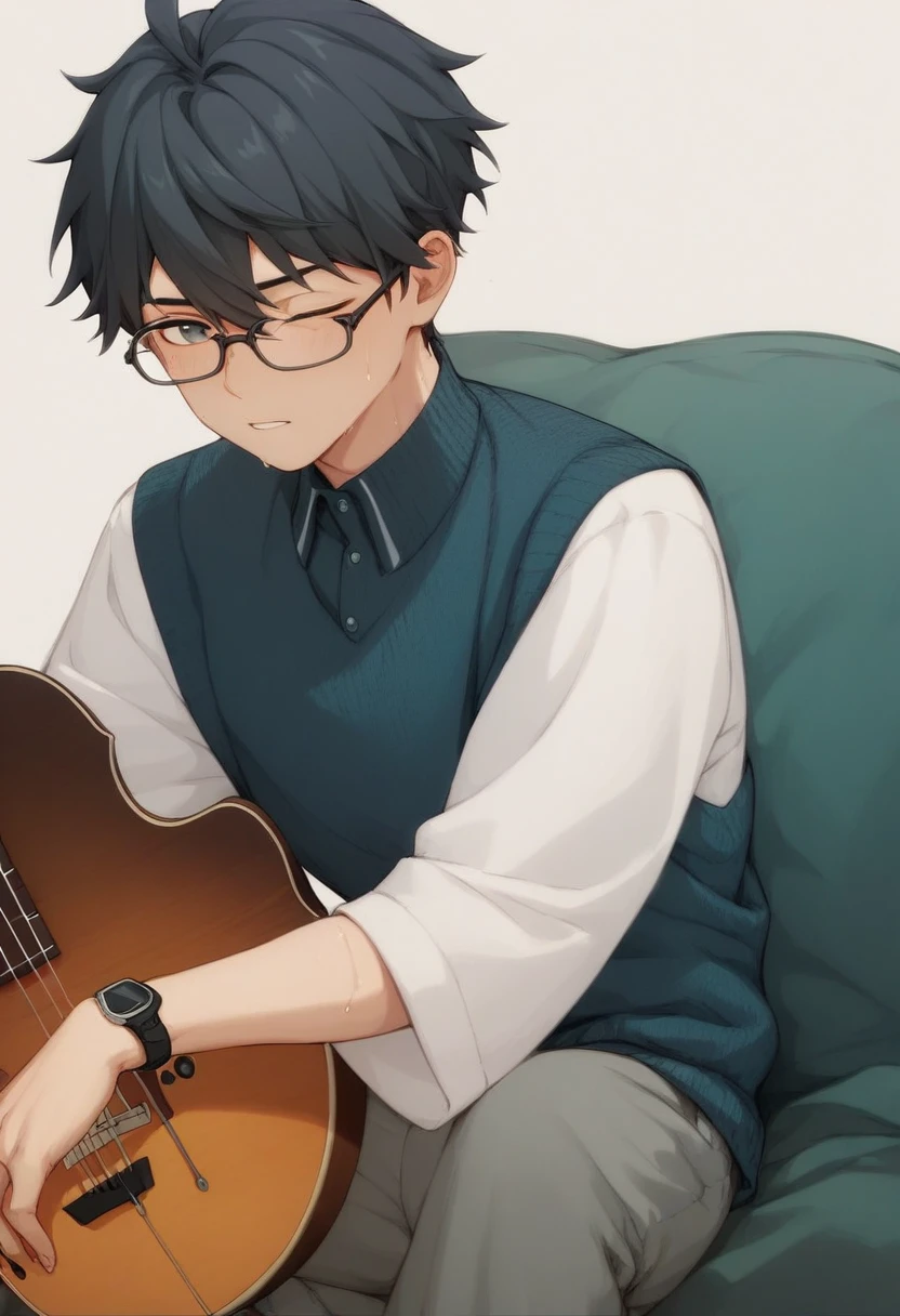 18-year-old male、tall、Skinny、Black Hair、Longer Hair、Young、Perm Hair、Student Uniform、Glasses、Playing an instrument、Classmates、Fair skin、sweat