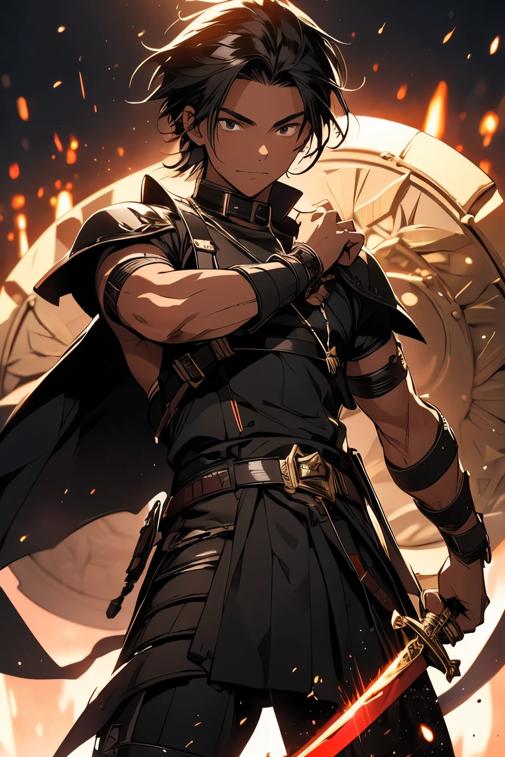 African American male, dark skinned male, long spiky hair, battle outfit, rainbow sword