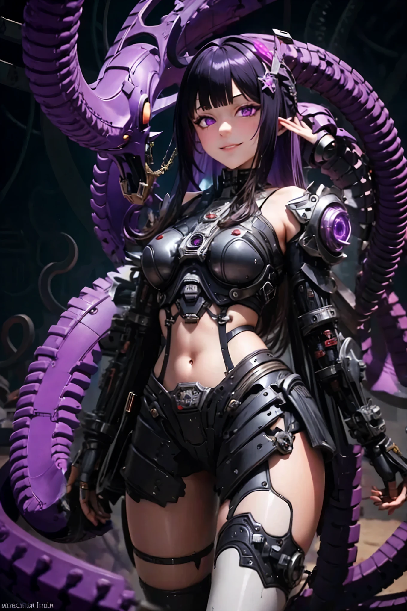 Purple punk costume. Purple-haired girl. Straight hair. Long. Straight bangs. Condescending. Sanpaku Eye. Miniskirt. Thighs. Evil Smile. Navel. Exposed shoulders. Sleeve. Mechanical Tentacles. Black mist background.