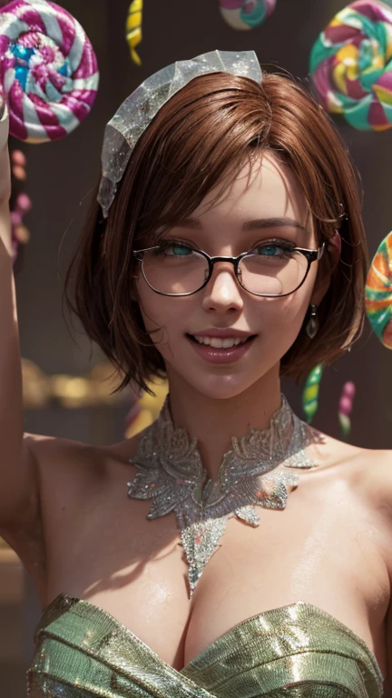 portrait, close-up,  upper body . Short, red hair, green eyes,  metal-framed glasses , green strapless dress, joyful smile, cheerful girl . (masterpiece, top quality,  better quality,  official art , beautiful and aesthetically pleasing:1.2),  is extremely detailed,(fractal art:1.2),Colorful,The most detailed, (dynamic pose), (candy background :1.5), ( Lots of candy wrappers :1.4). ((SPLIT. Skin texture, shiny skin. elegance. photorealism. unreal engine. 3D model.  Ultra high quality textures.  high detail . permission 8k))