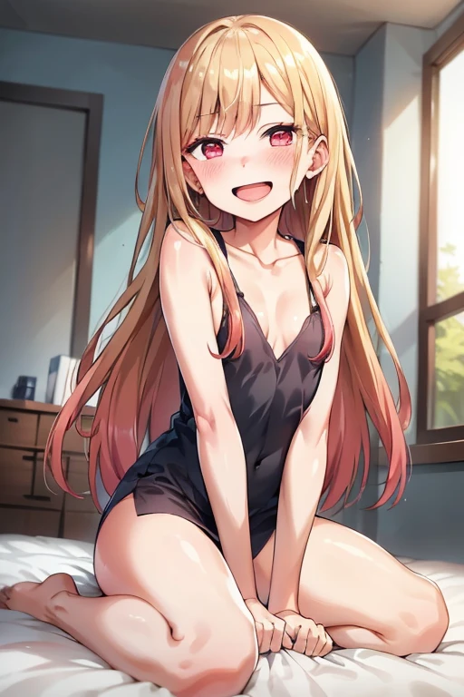 ((Best Quality)), ((masterpiece)), (be familiar with),  perfect face, indoor, bedroom, Watching the audience,
One woman, Kitagawa Marin,
Open Mouth, Ecstatic expression, blush, smile,
Small breasts,  flat chest, , , , Girl,
Long Hair, Long Hair,
Leg spread,