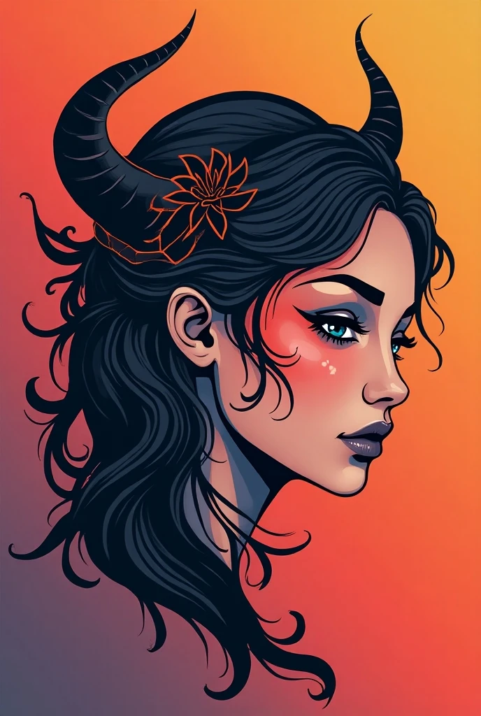 Logo art combining a woman's face and Demon, colorful, simplified, minimalism