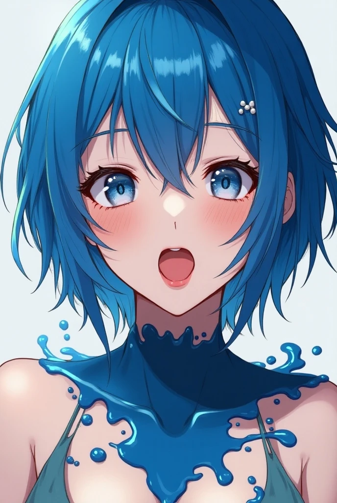 1girl , short hair, light blue hair, extremely sweat, white liquid on boobs, mouth open, white liquid in mouth and tongue, tits, erotic face expression, extremely blush, looking at the camera, kneeling down, camera from up above, glowing, sidelighting, wallpapers