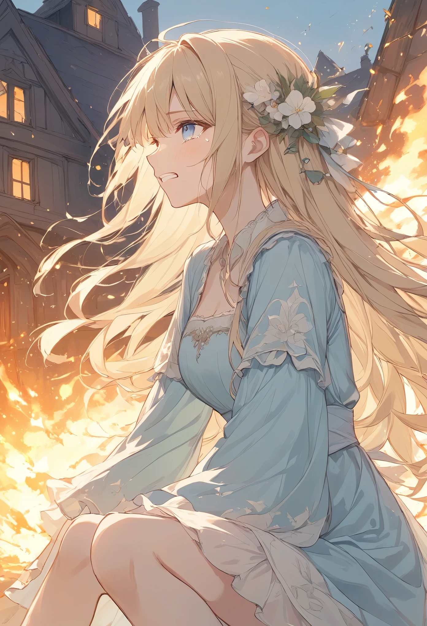 Light line drawing、Pale colors、Medieval mansion 、((House under fire 、Sparks are scattered all around))、 falling down on her knees outside、Girl in a dirty dress 、Blonde、Long Hair、tears、 clenching teeth 、A regretful face、 profile close-up 