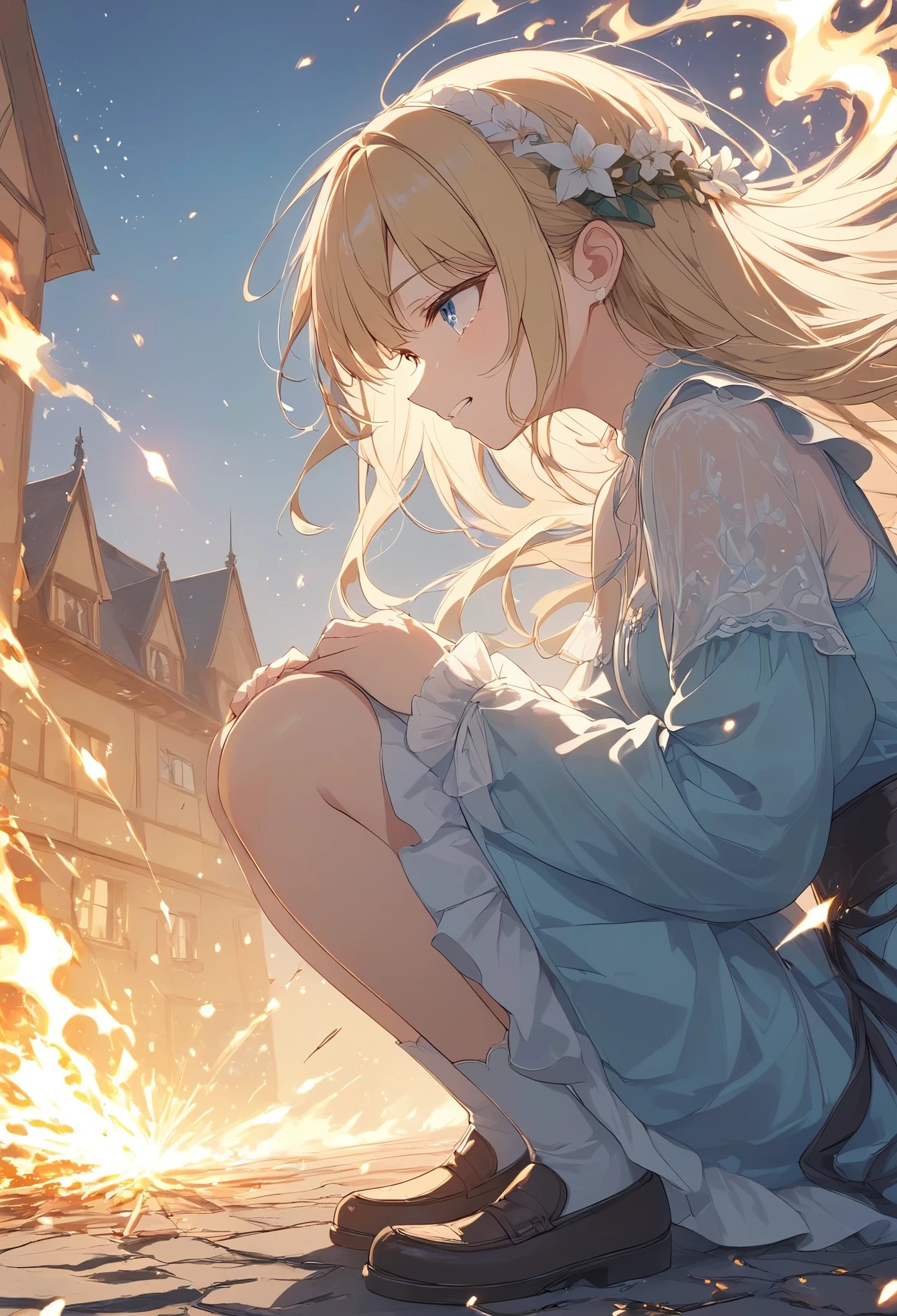 Light line drawing、Pale colors、Medieval mansion 、((House under fire 、Sparks are scattered all around))、 A girl in a mansion falling down on her knees outside、Girl in a dirty dress 、Blonde、Long Hair、tears、 clenching teeth 、A regretful face、 profile close-up 